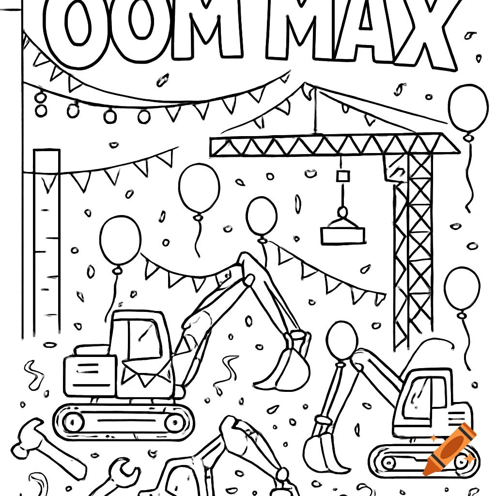 Black and white coloring page with 'OOM MAX' at the top, featuring diggers, a crane, balloons, and banners.