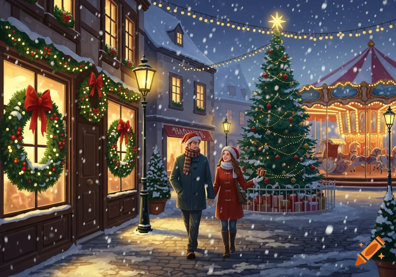 A couple walks hand-in-hand down a snowy, festive street adorned with Christmas decorations and lights, with a carousel in the background.