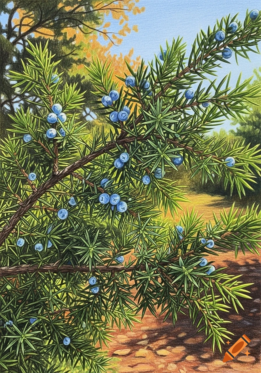 Close-up colored pencil drawing of a juniper branch with many green needles and bright blue berries, against a blurred forest background.