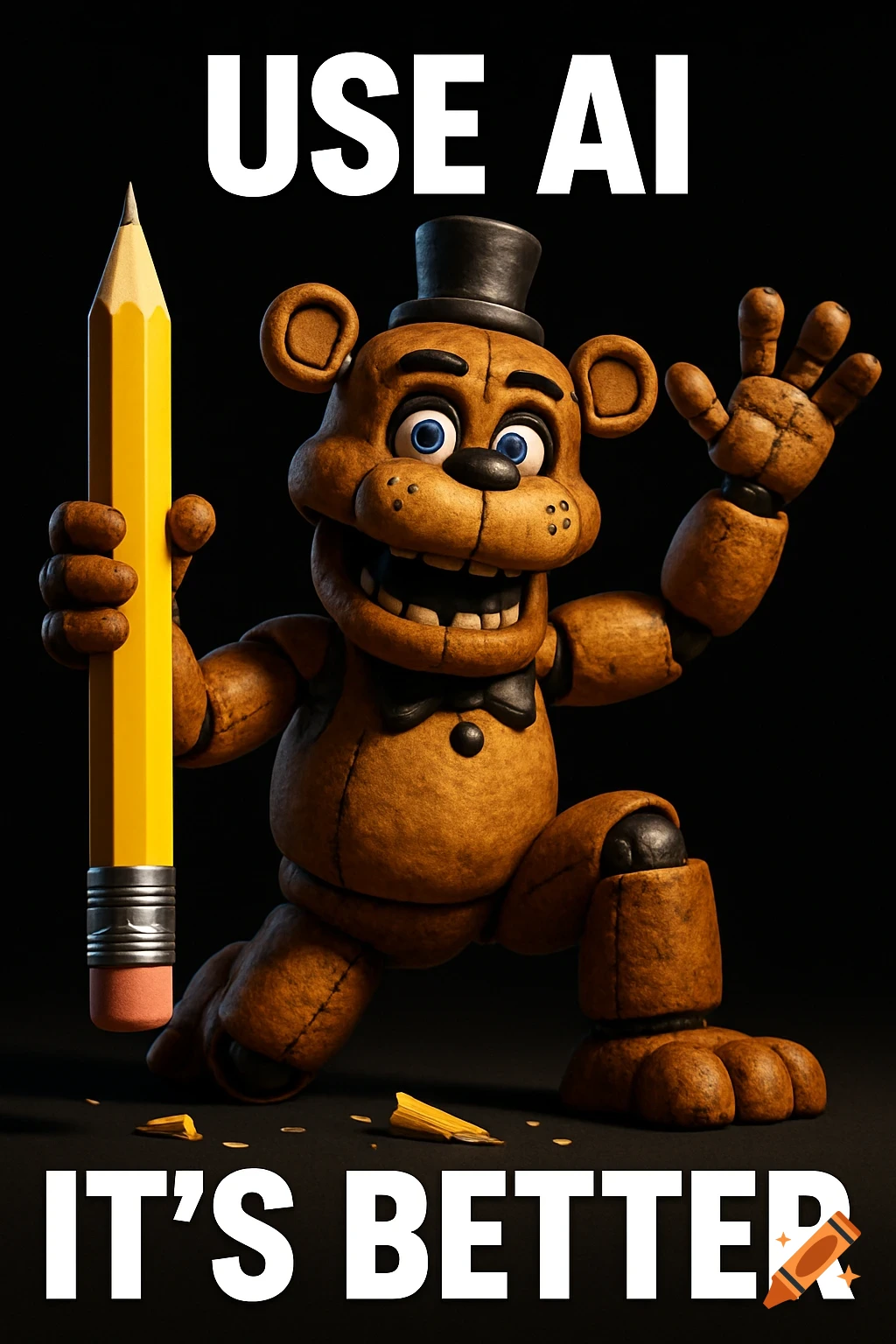 A 3D render of Freddy Fazbear in a top hat holding a giant yellow pencil and waving, with the text 'USE AI IT'S BETTER' on a black background.