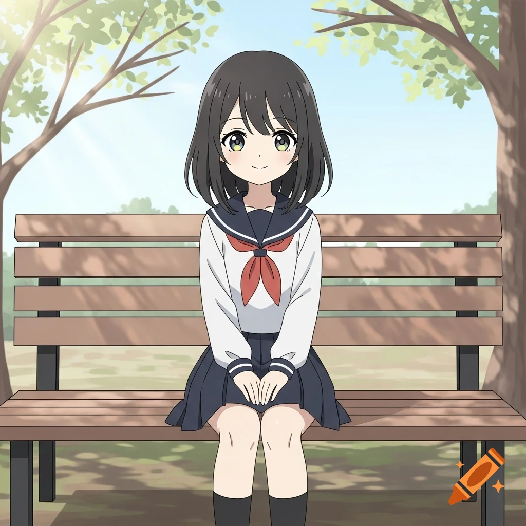 An anime girl with dark hair and a school uniform sits smiling on a park bench.