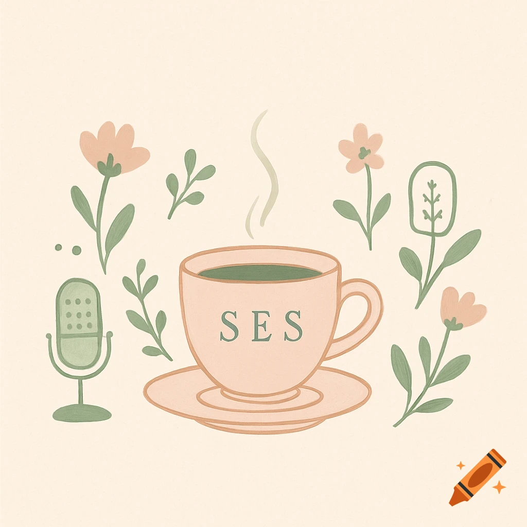 A pastel illustration of a steaming teacup with "SES" on it, surrounded by flowers and a microphone on a light background.