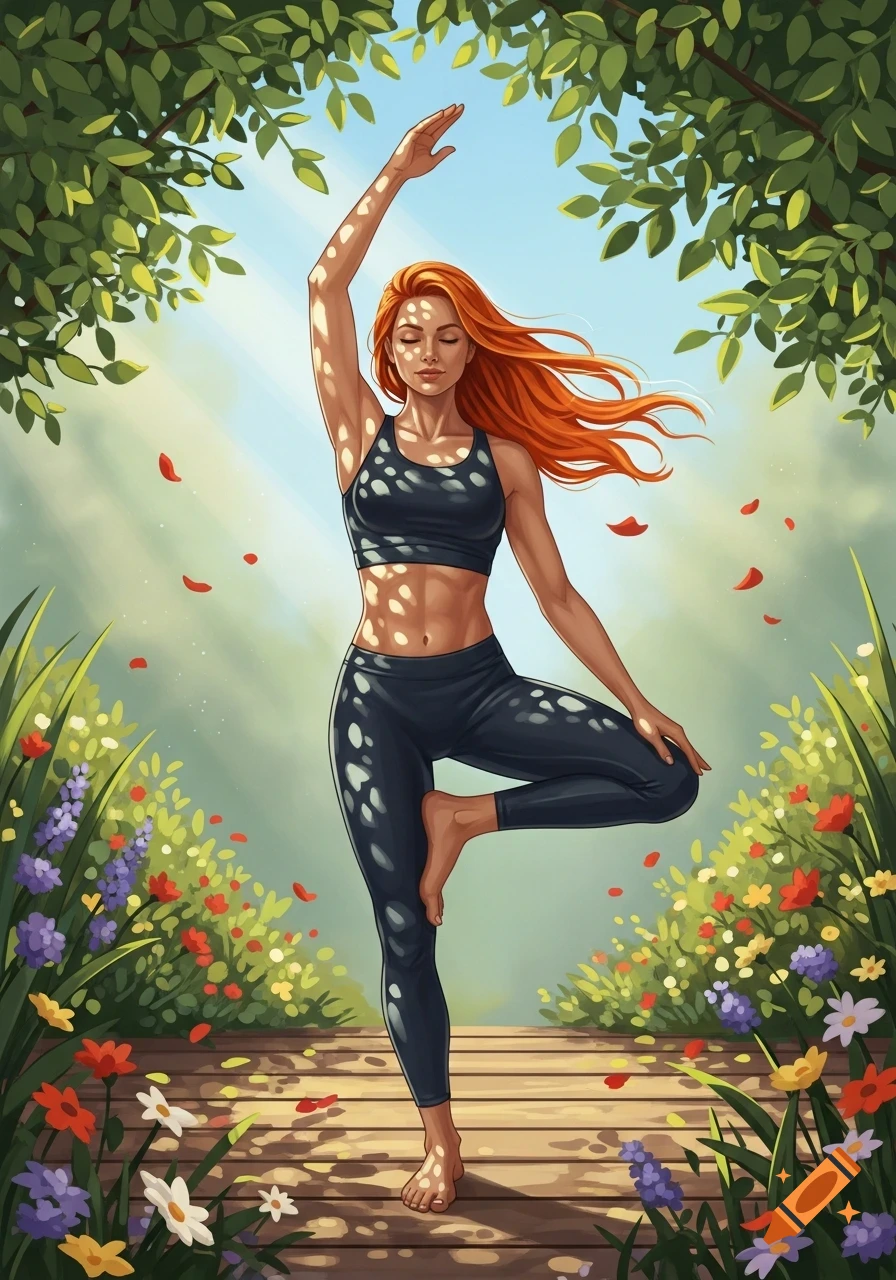 Red-haired woman in a sports bra and leggings performs tree pose yoga barefoot outdoors with flowers and sun dapples.