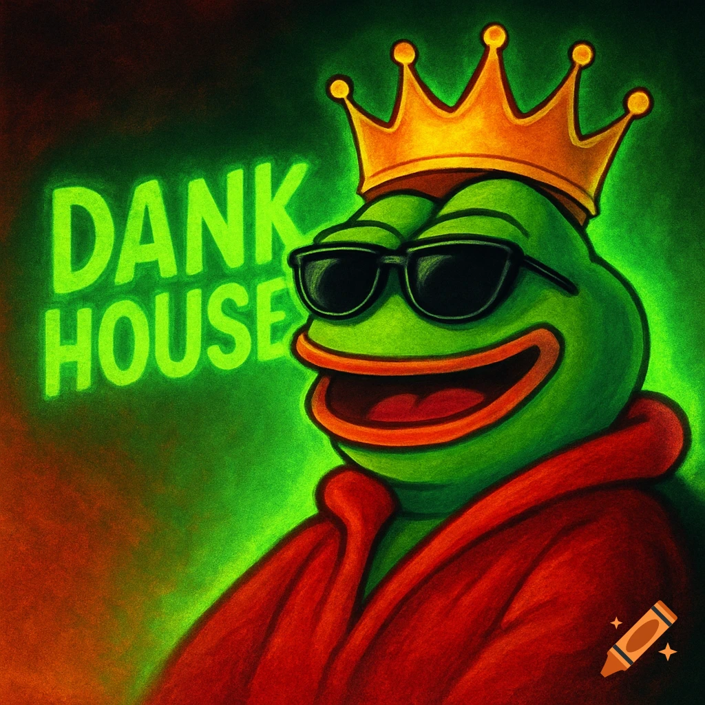 Pepe the Frog wearing a golden crown, sunglasses, and a red coat, next to glowing green text 'DANK HOUSE'.