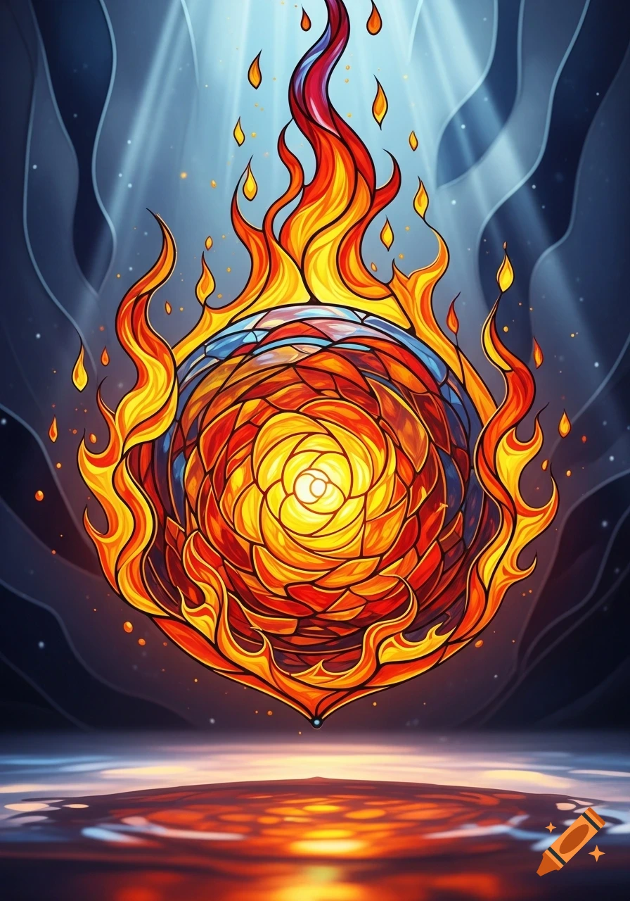 A vibrant stained glass design depicting a swirling fiery orb, glowing against a dark, ethereal background with reflections below.