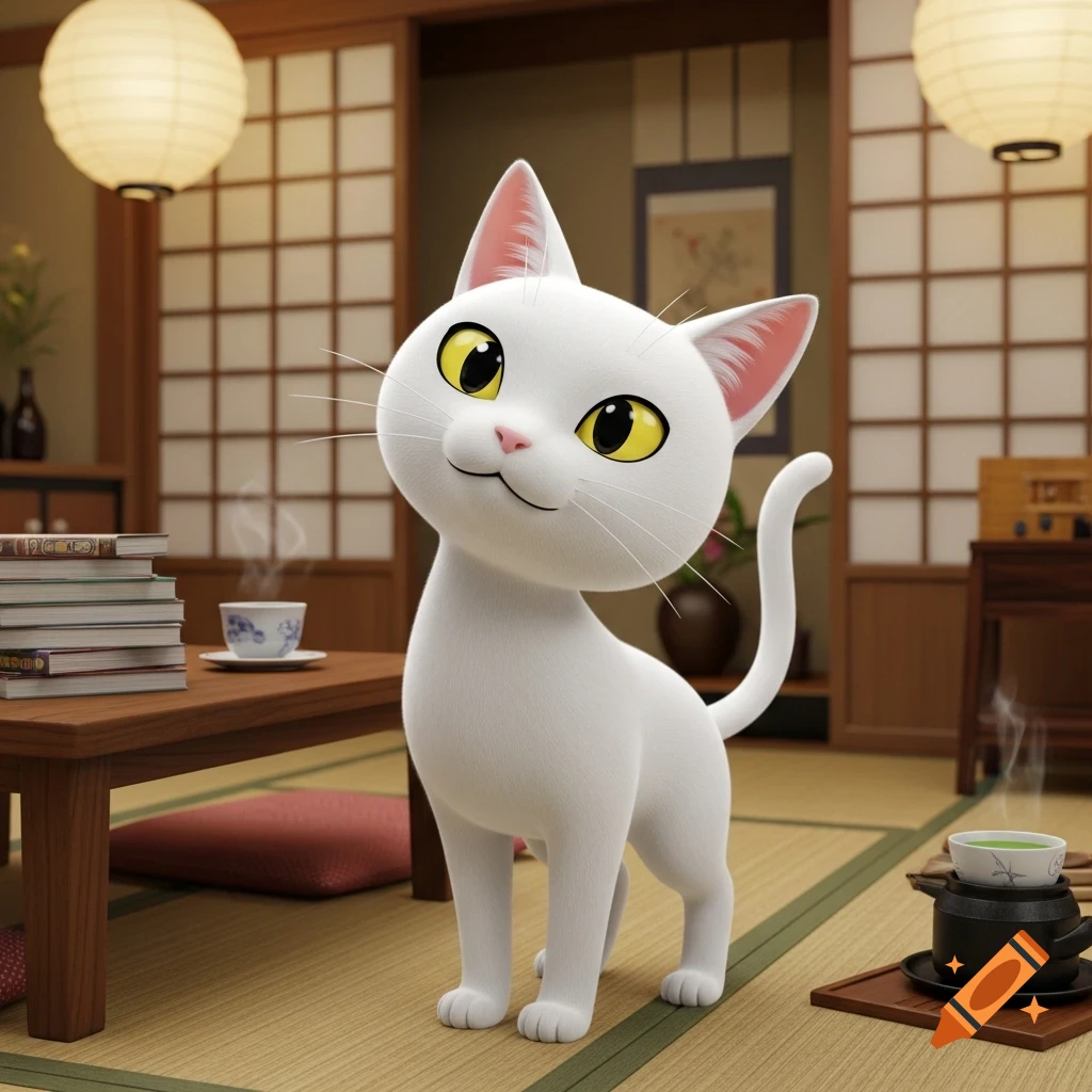 A cute, smiling white cartoon cat stands in a cozy traditional Japanese room with paper lanterns and tatami mats.