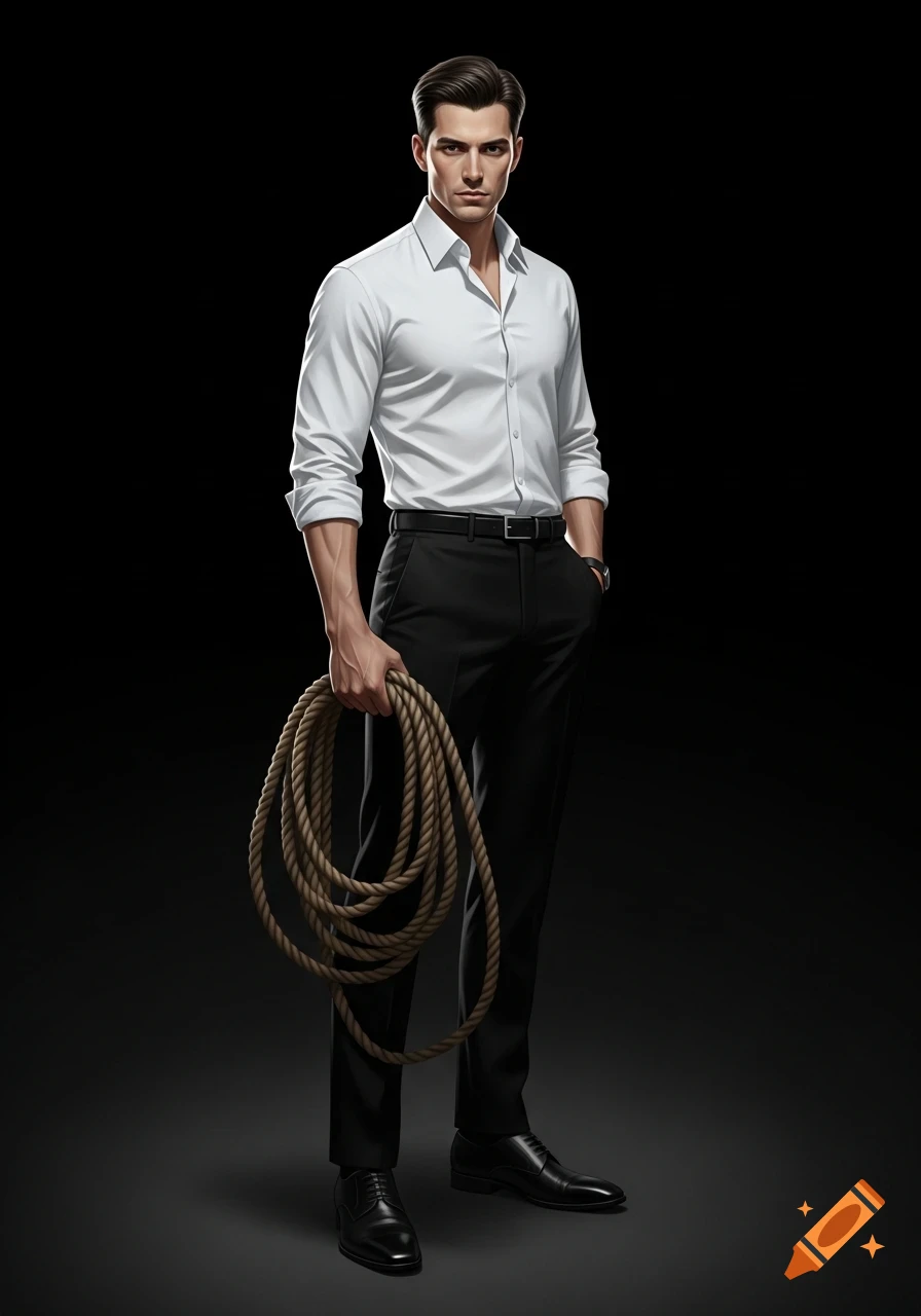 A photorealistic man in a white shirt and black pants stands against a black background, holding a coiled rope.