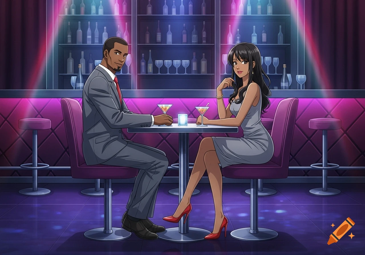 An anime-style black couple sits at a table in a neon-lit club, holding drinks.