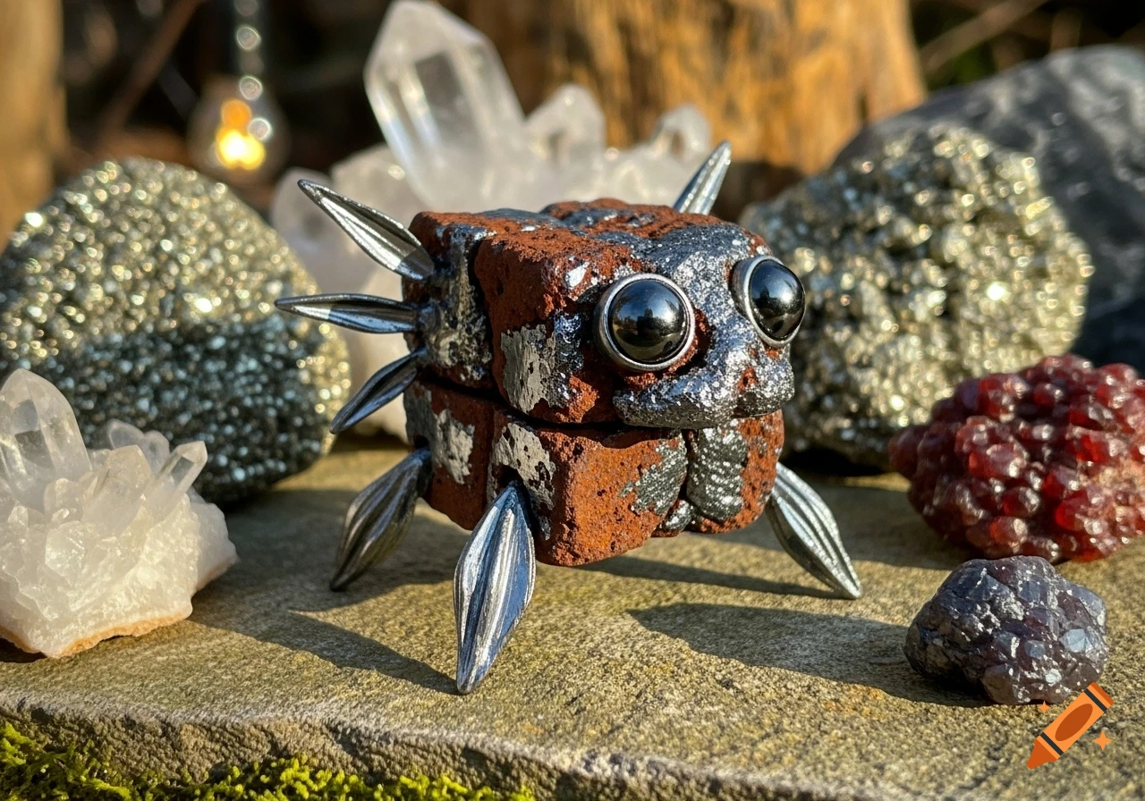 A small, blocky creature made of red-brown stone and metallic silver accents with large black eyes sits among crystals and minerals.