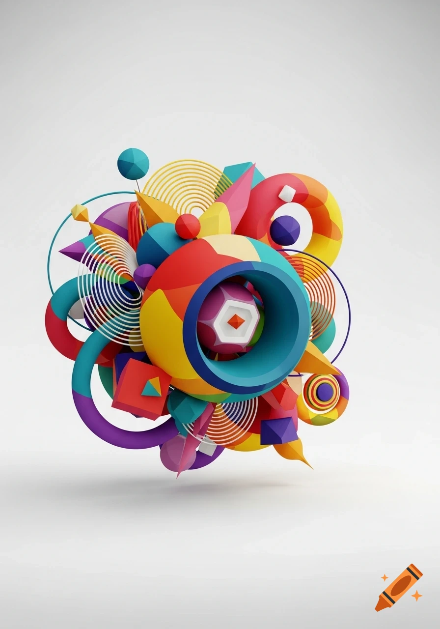 A vibrant, abstract composition of colorful 3D geometric shapes like spheres, rings, cubes, and cones, casting a soft shadow on a white background.