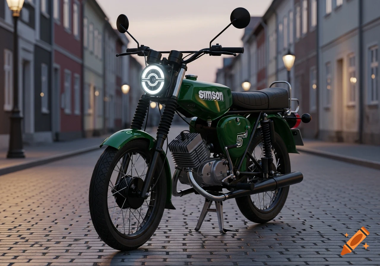 Dark green Simson S51 motorcycle with a glowing LED headlight, black rims, and a thin seat, parked on a cobblestone street at dusk.