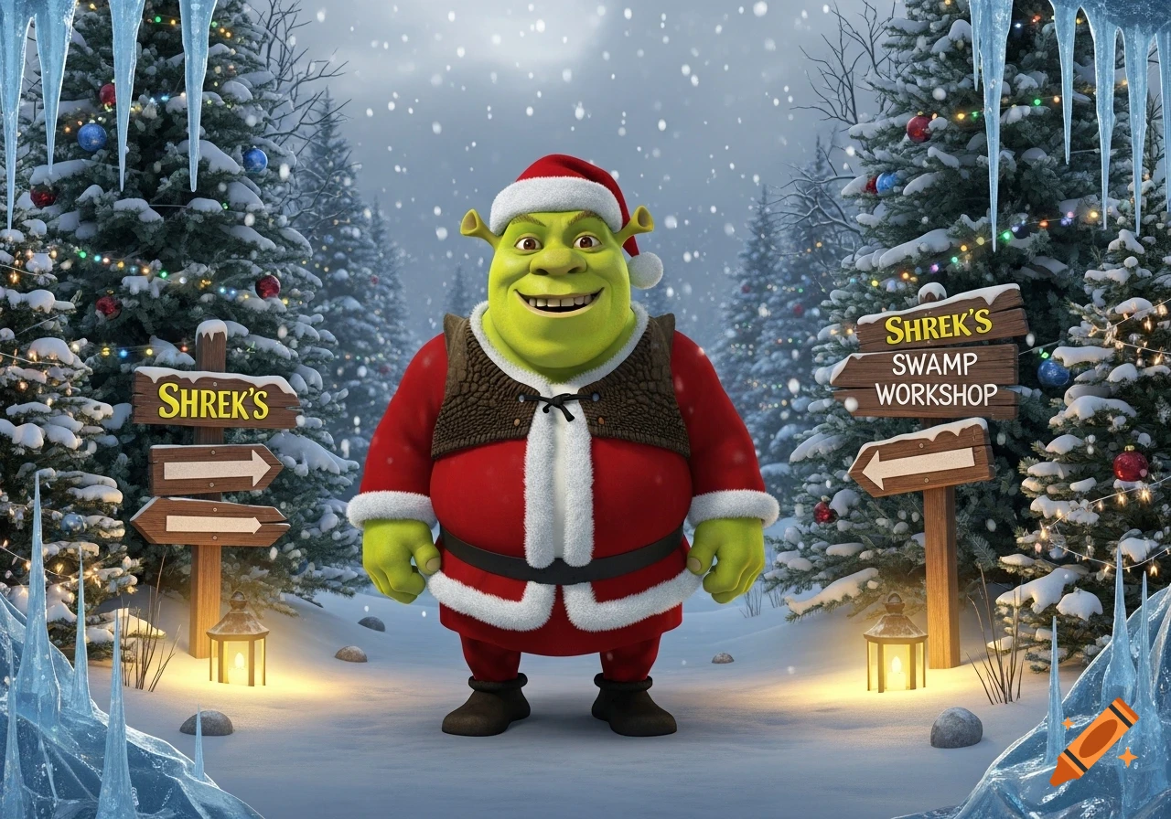 Shrek dressed as Santa Claus smiles in a snowy Christmas forest with decorated trees, standing by signs for 'Shrek's Swamp Workshop'.