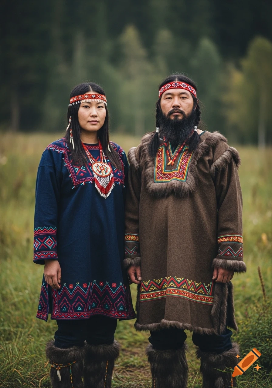 A man and a woman in traditional Ainu clothing with intricate geometric patterns and fur trim stand outdoors.