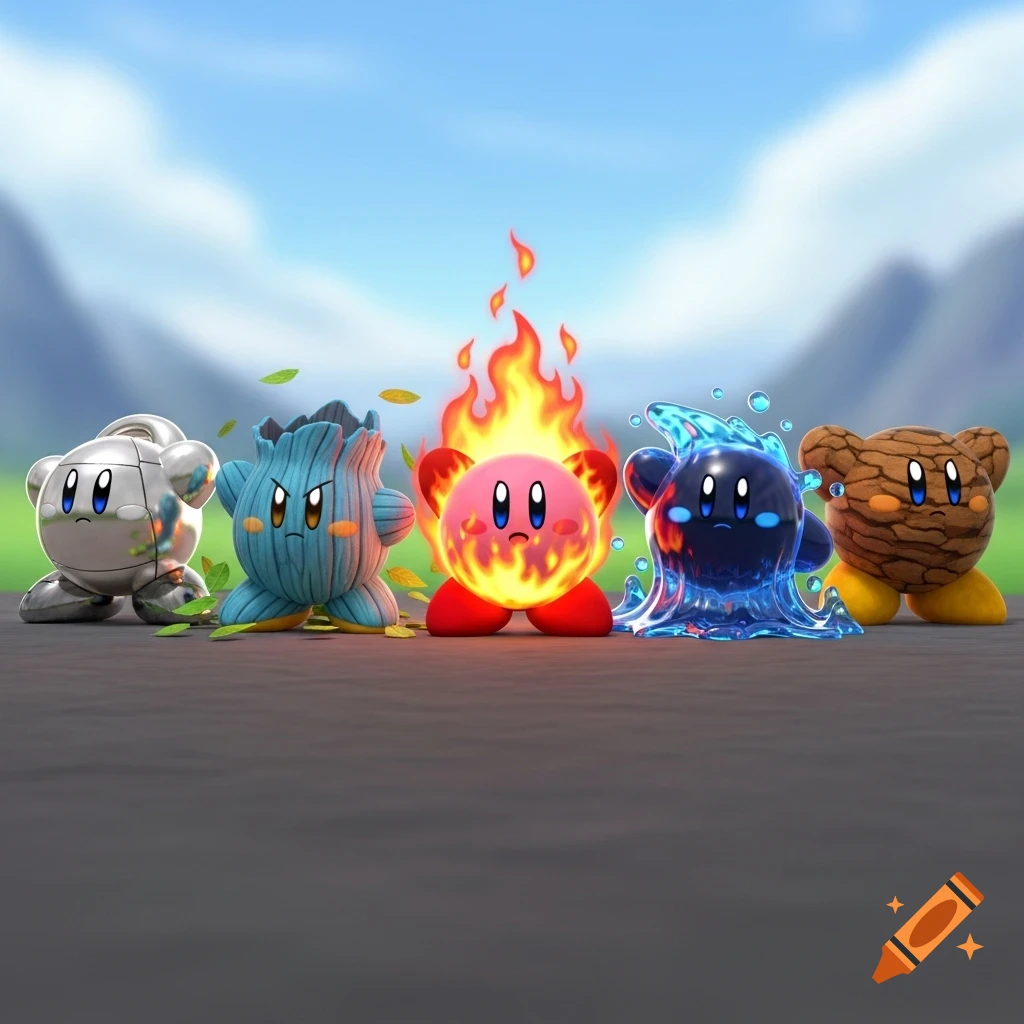 Five elemental Kirby figures: metal, wood, fire, water, and earth, standing in a line outdoors.