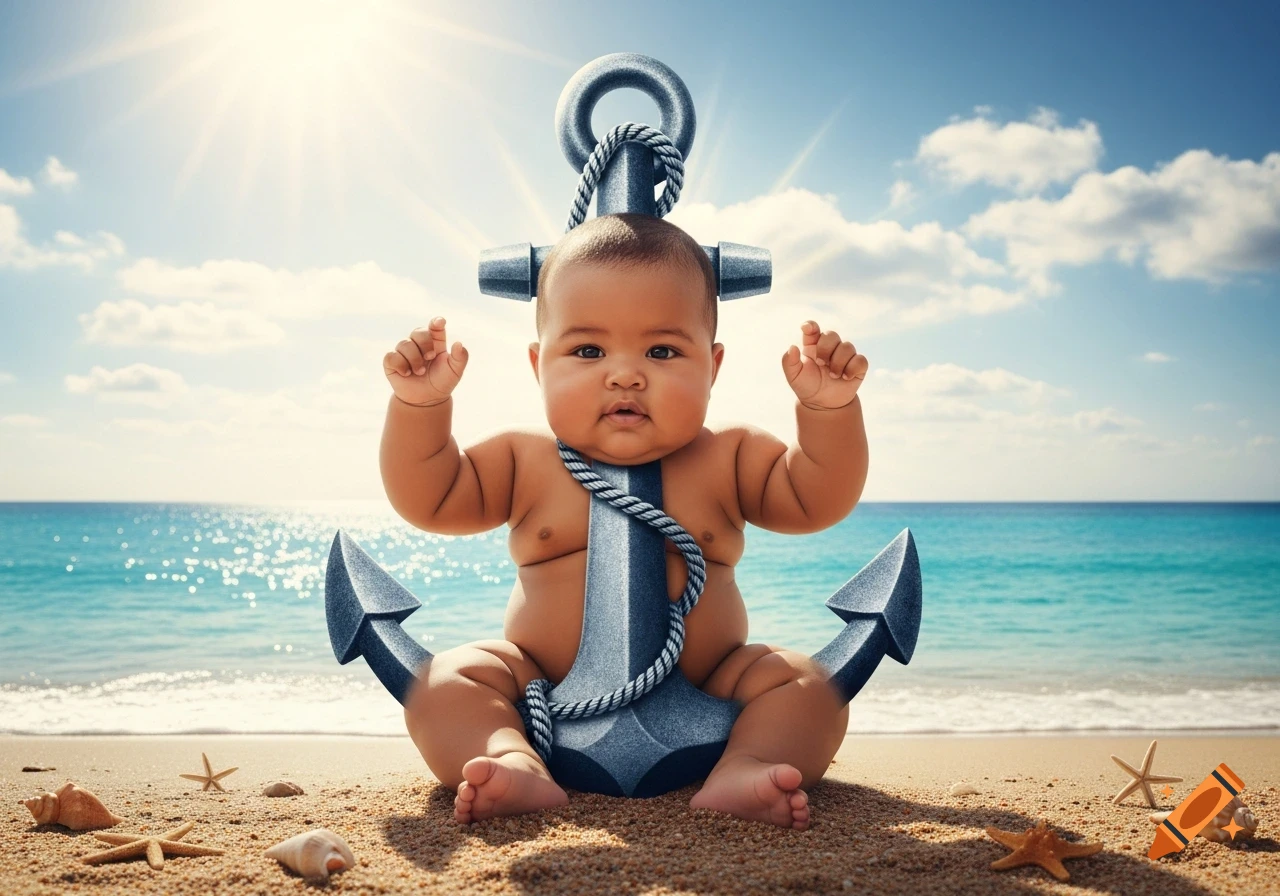 A cute chubby baby sits on a sandy beach with a large metal anchor behind it, a rope draped around its neck, under a bright sunny sky.