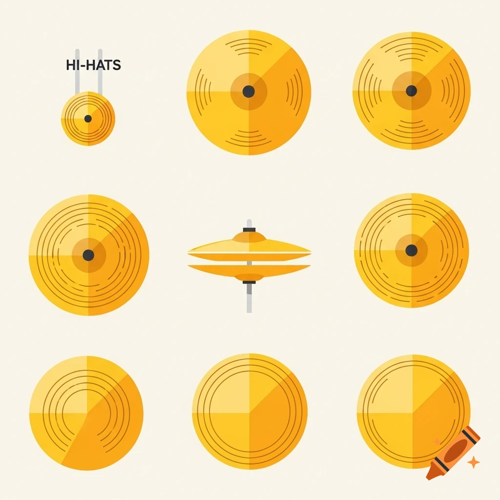 A set of yellow clipart icons depicting various cymbals, including a hi-hat labeled 'HI-HATS'.