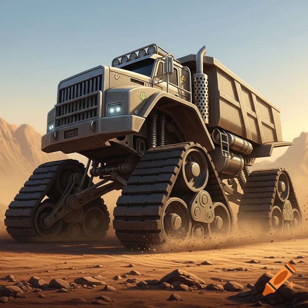 A large, tan dump truck with continuous tracks instead of wheels drives through a dusty, rocky desert landscape under a clear sky.