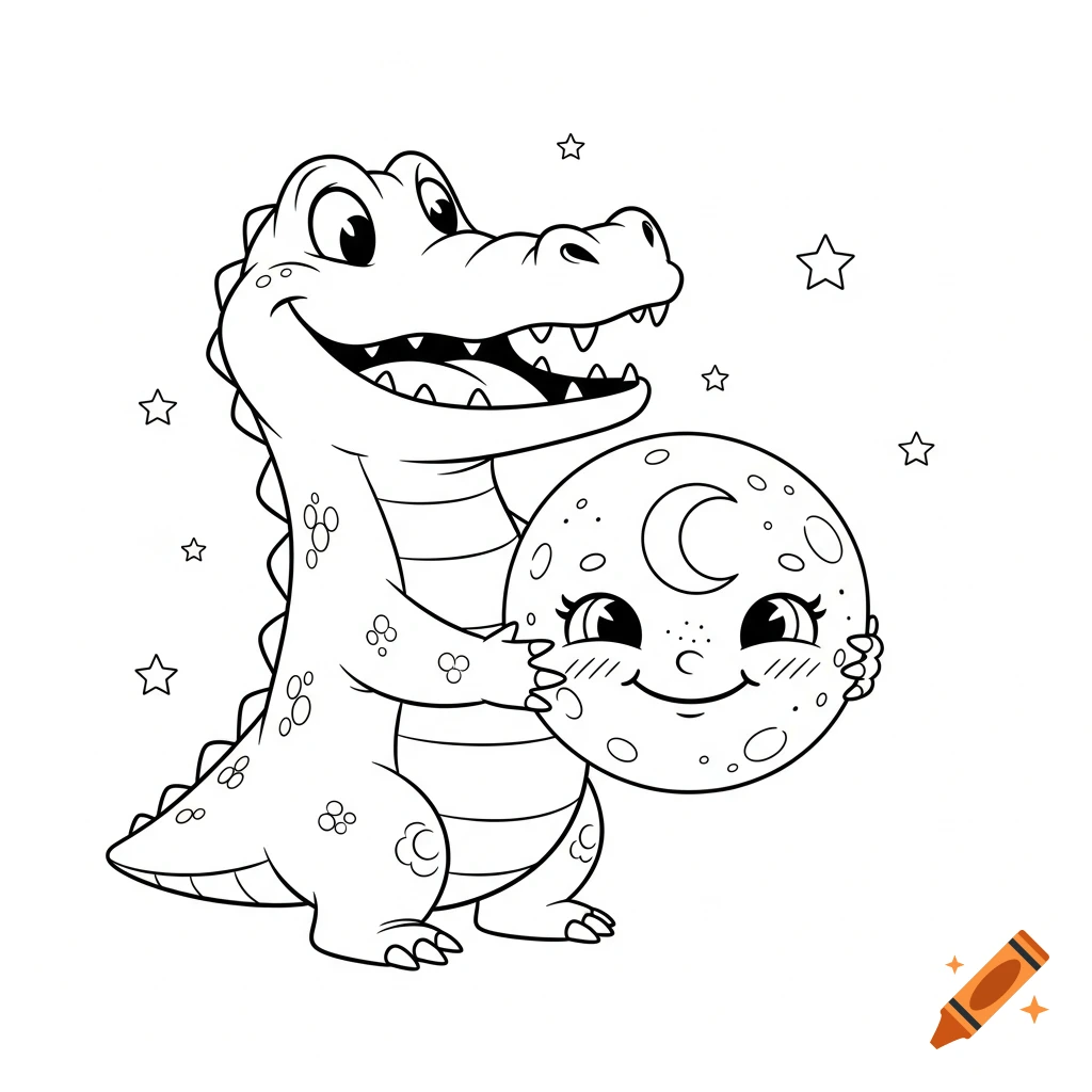 Happy cartoon alligator holds a smiling crescent moon, surrounded by stars, in a line drawing style.