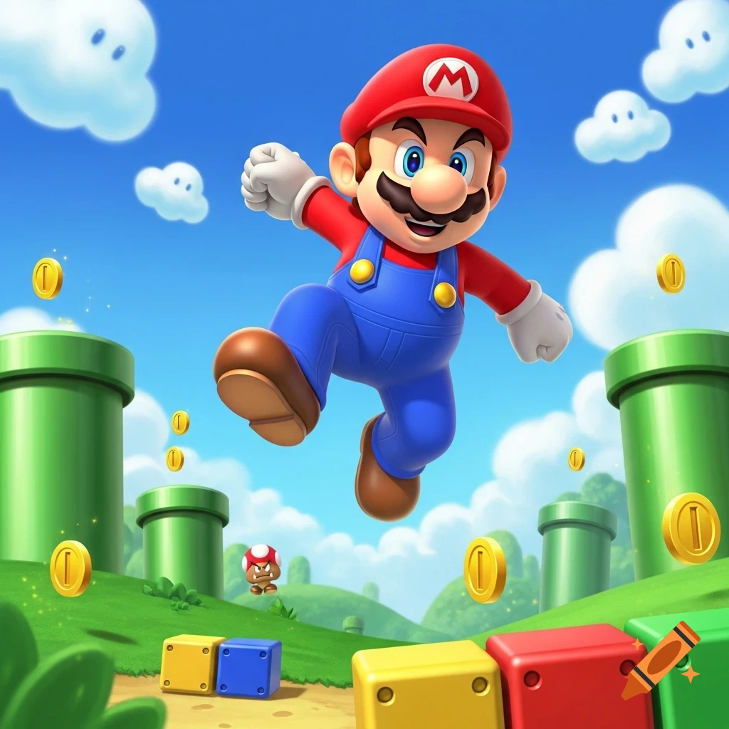 Super Mario jumps in a vibrant video game world with green pipes, floating coins, and a Goomba.