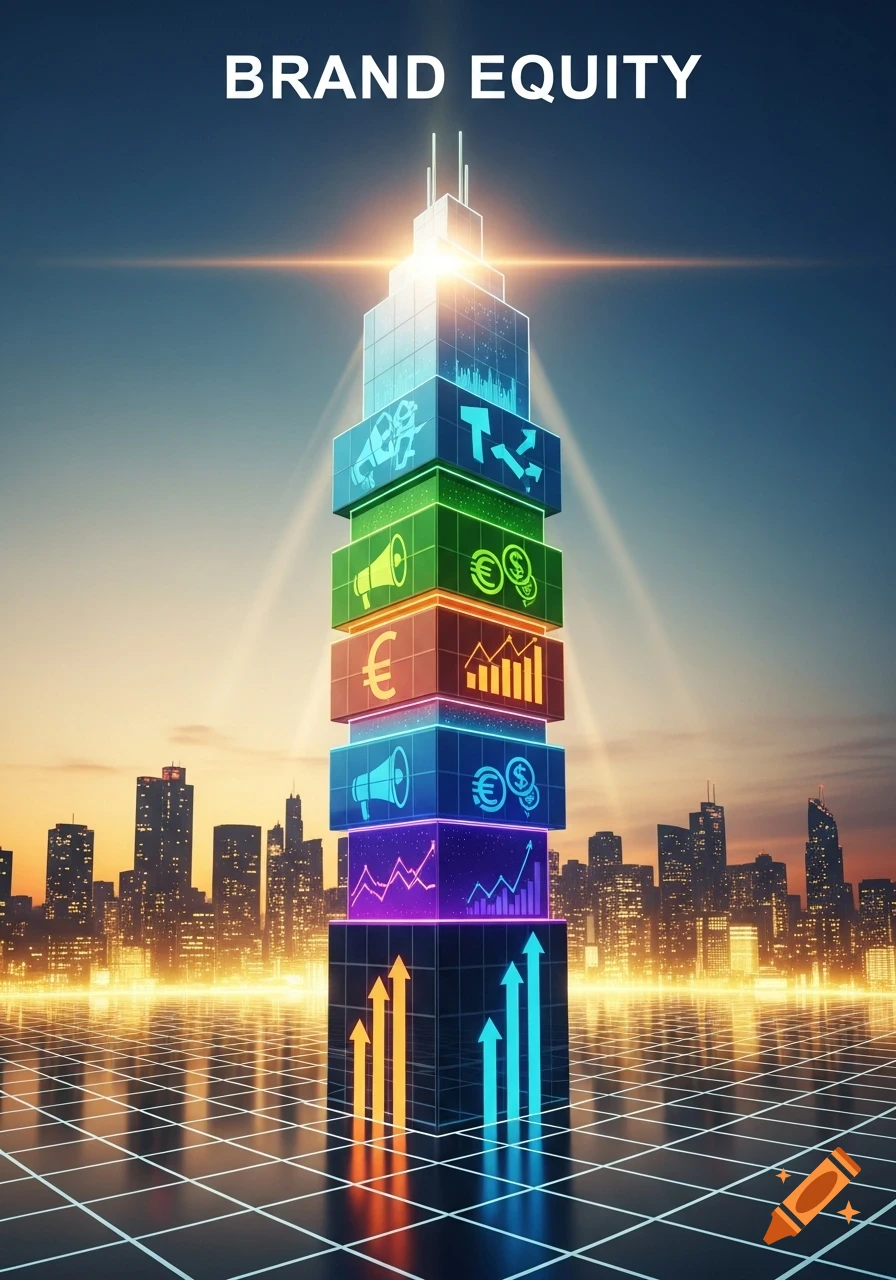 Gleaming skyscraper of stacked, colorful blocks with business icons, titled 'BRAND EQUITY', against a city skyline.