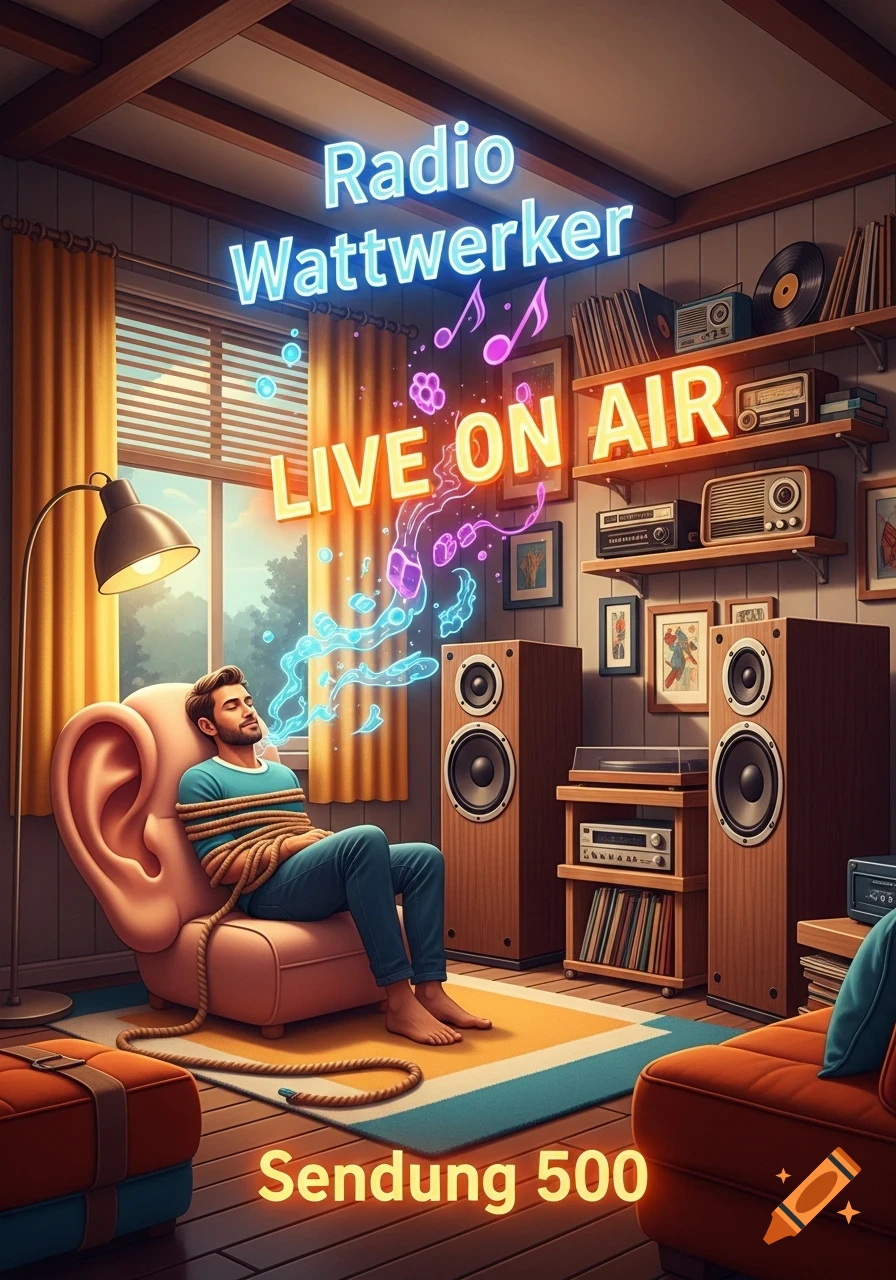 Man blissfully tied in an ear-shaped armchair in a cozy room with speakers, glowing neon signs for "Radio Wattwerker LIVE ON AIR Sendung 500", and floating music notes.
