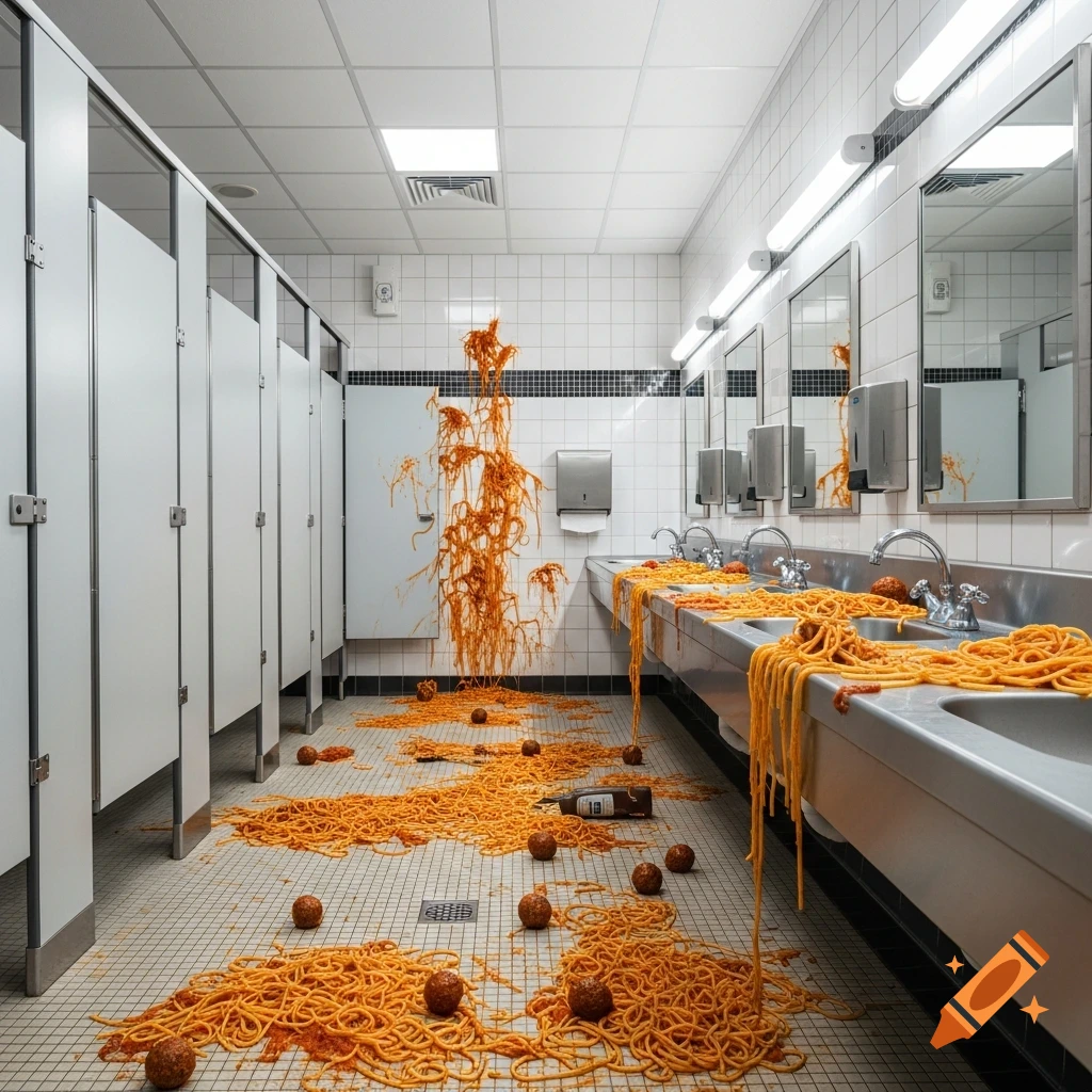 A chaotic public restroom filled with spaghetti and meatballs covering the floor, sinks, and stalls in a photorealistic style.