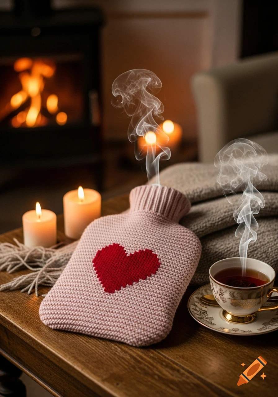 Pink knitted hot water bottle with a red heart, steaming teacup, and lit candles on a wooden table by a fireplace.