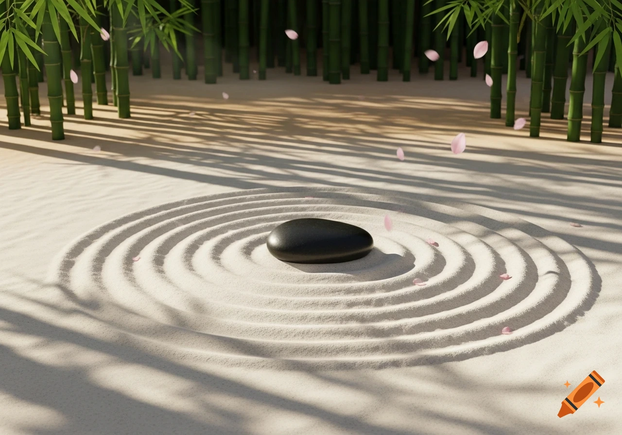 A serene zen garden featuring raked white sand, a smooth black stone, tall bamboo stalks, and scattered pink cherry blossom petals.