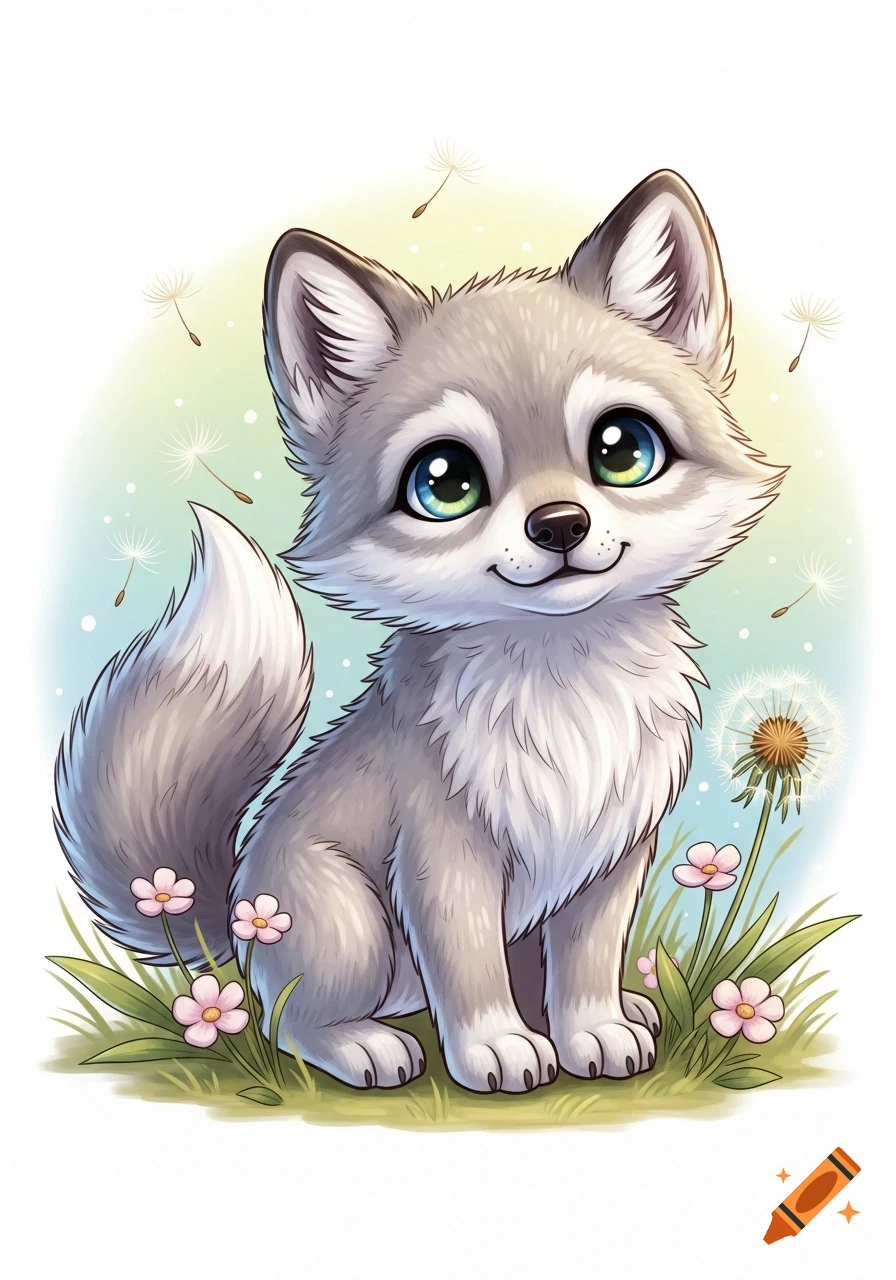 A cute cartoon wolf pup with big blue and green eyes sits smiling in green grass with pink flowers and dandelions.