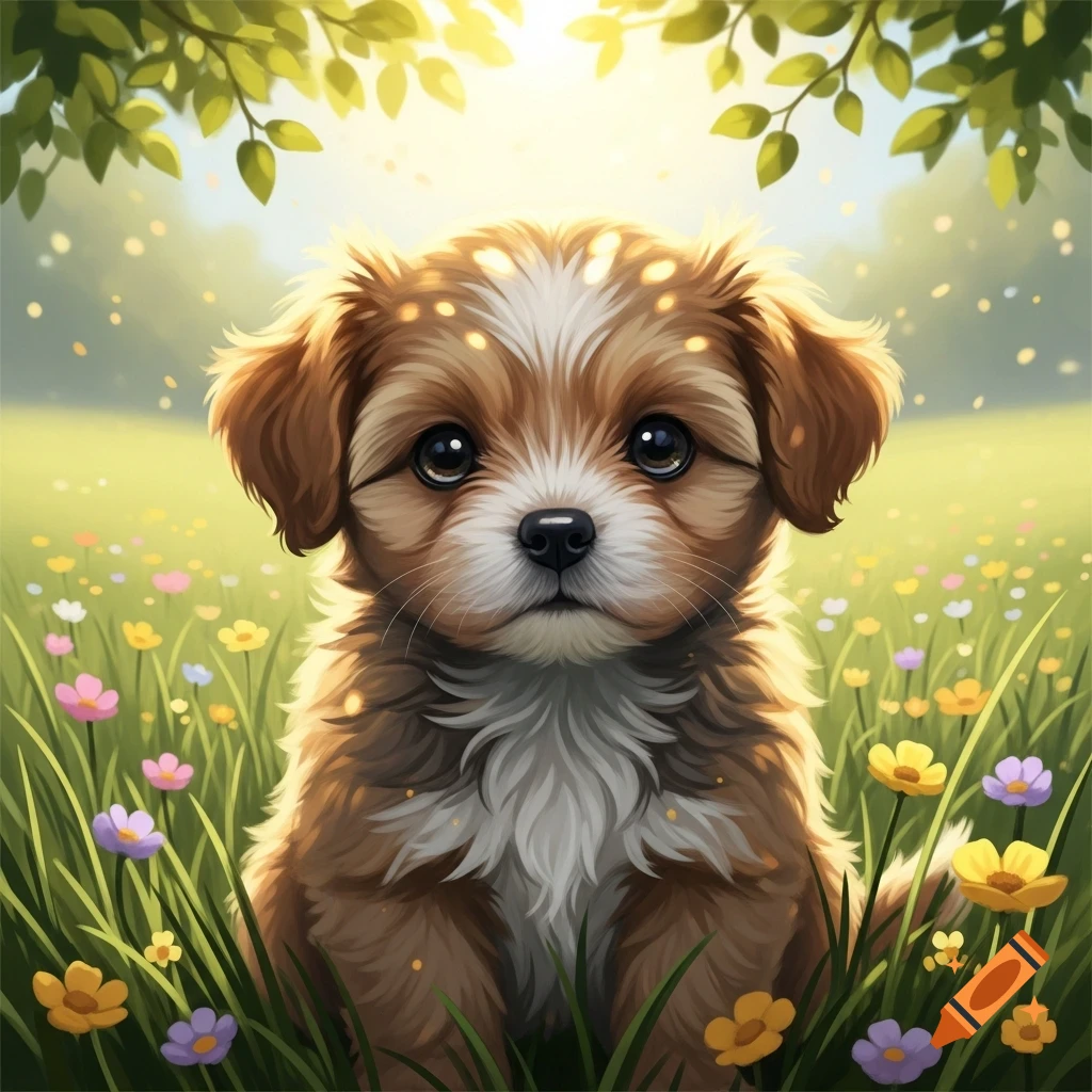 A cute, fluffy brown and white puppy with big eyes sits in a sunny field among colorful wildflowers and green leaves.
