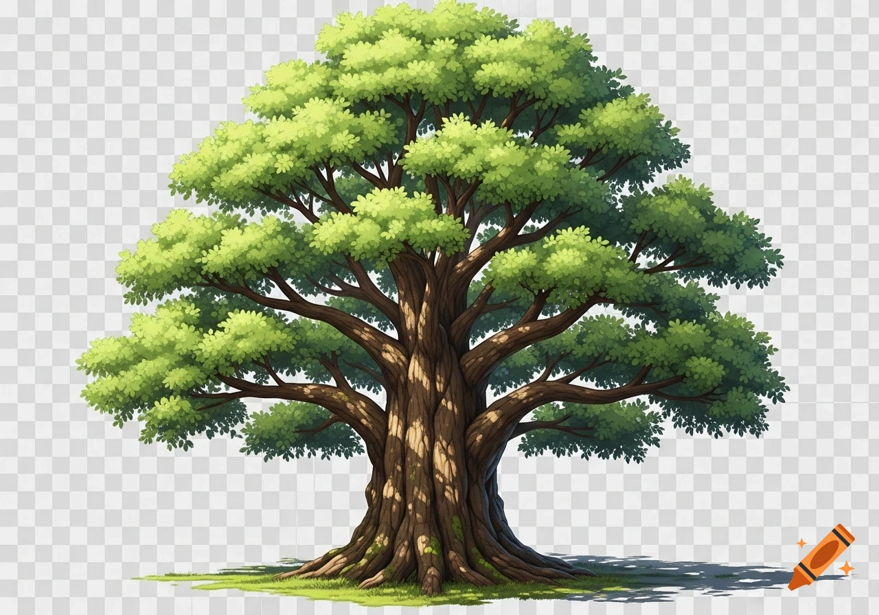 A stylized illustration of a large, mature tree with bright green, dense foliage and a thick, textured brown trunk with exposed roots, on a transparent background.