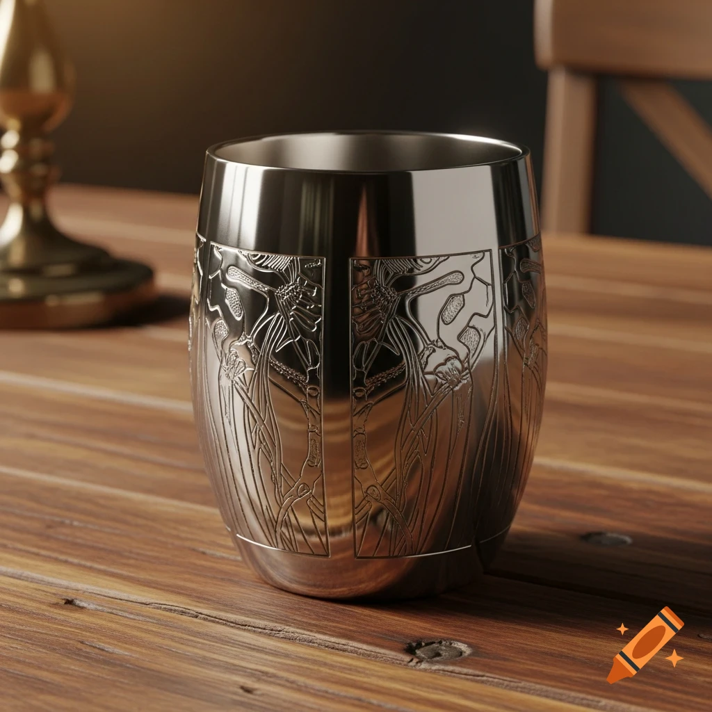 A detailed photorealistic close-up of a steel goblet with intricate anatomical engravings, sitting on a rustic wooden table.