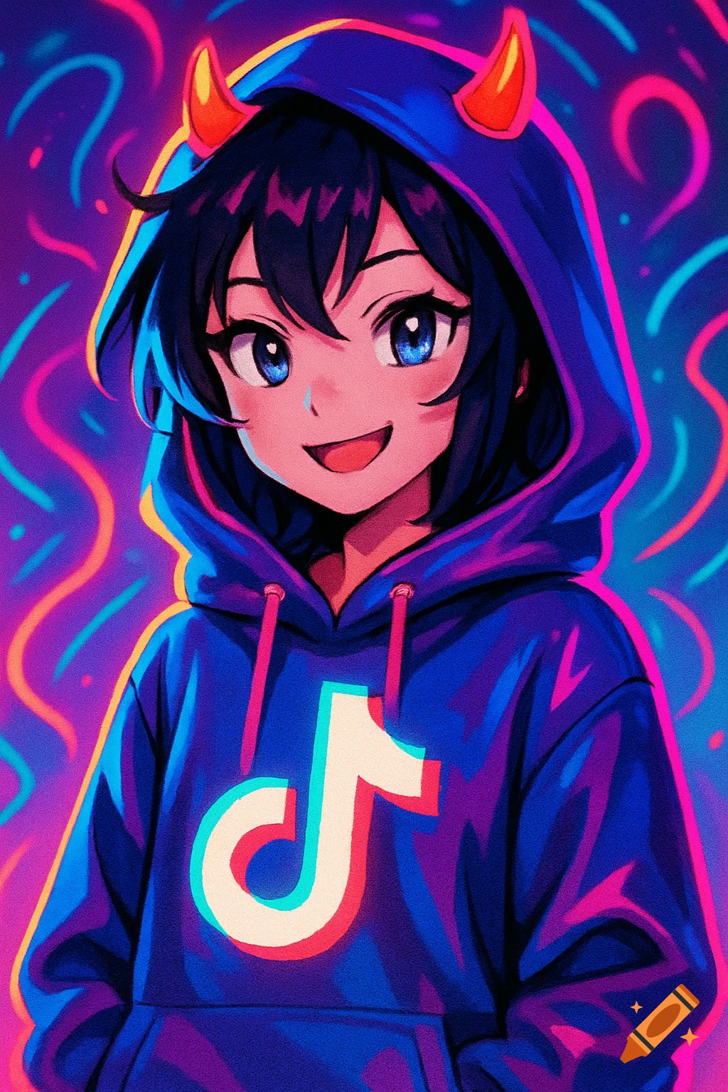 Cute anime character in a blue hoodie with red devil horns and a TikTok logo, against a vibrant neon background.