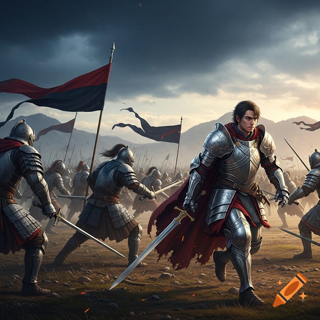 Photorealistic image of knights in shining armor on a battlefield under a stormy sky, a central knight drawing his sword amidst the clash.