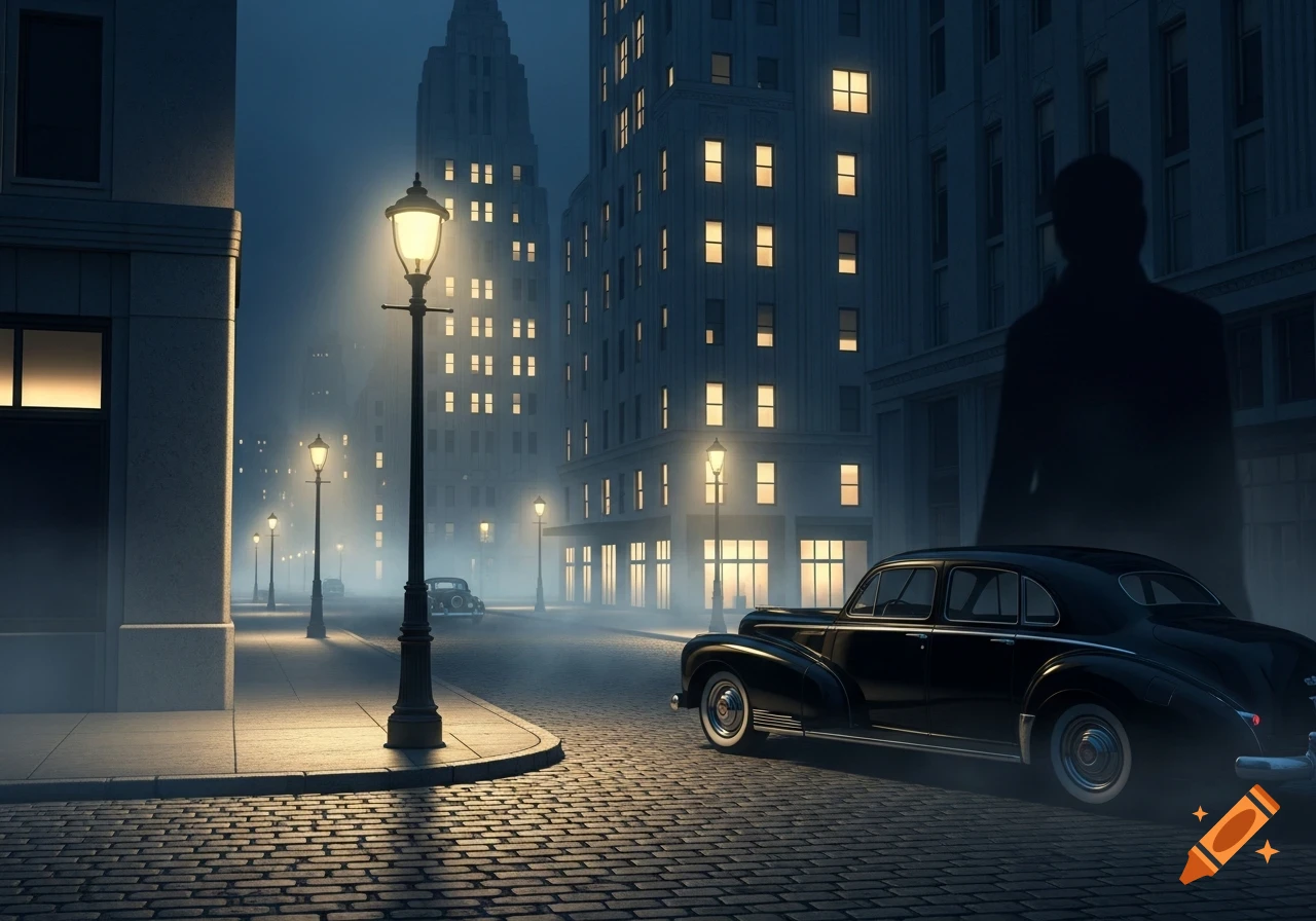 A dark, foggy city street at night with glowing streetlights, tall buildings, a classic black car, and a faint silhouette.