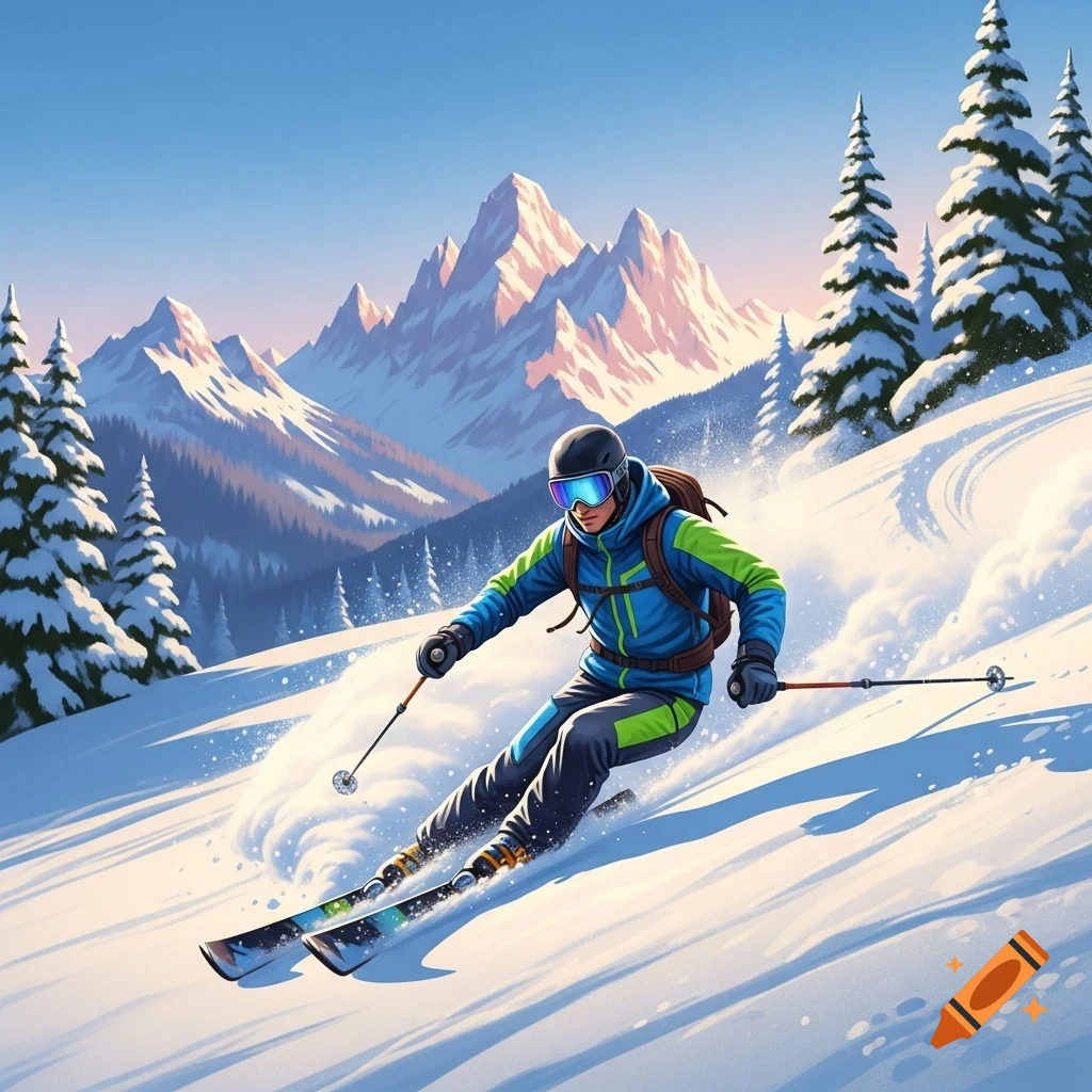 A vibrant illustration of a skier in blue and green gear descending a snowy mountain slope with pine trees and majestic peaks.