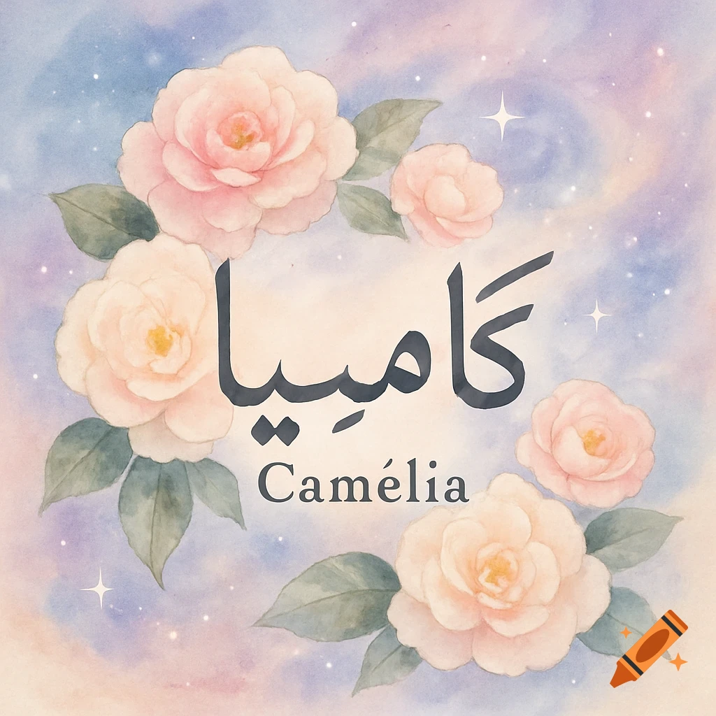 Watercolor painting of pink camellia flowers around 'Camélia' in Arabic and Latin script on a pastel cosmic background.