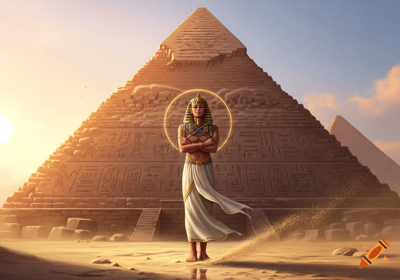 An ancient Egyptian figure with a golden halo stands with crossed arms in front of a massive pyramid at sunset, in a desert landscape.