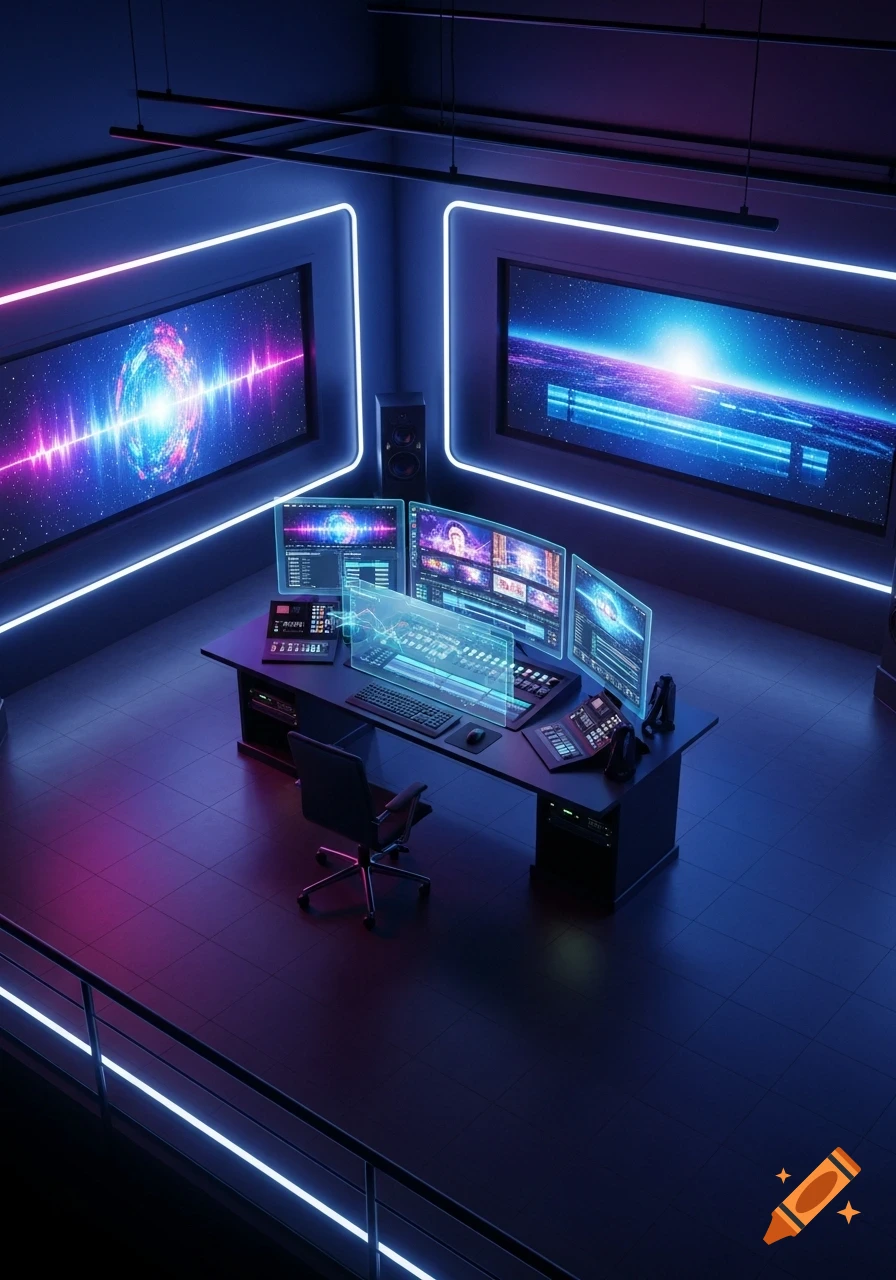 Futuristic control room with multiple glowing screens displaying abstract visuals and data, illuminated by neon lights.