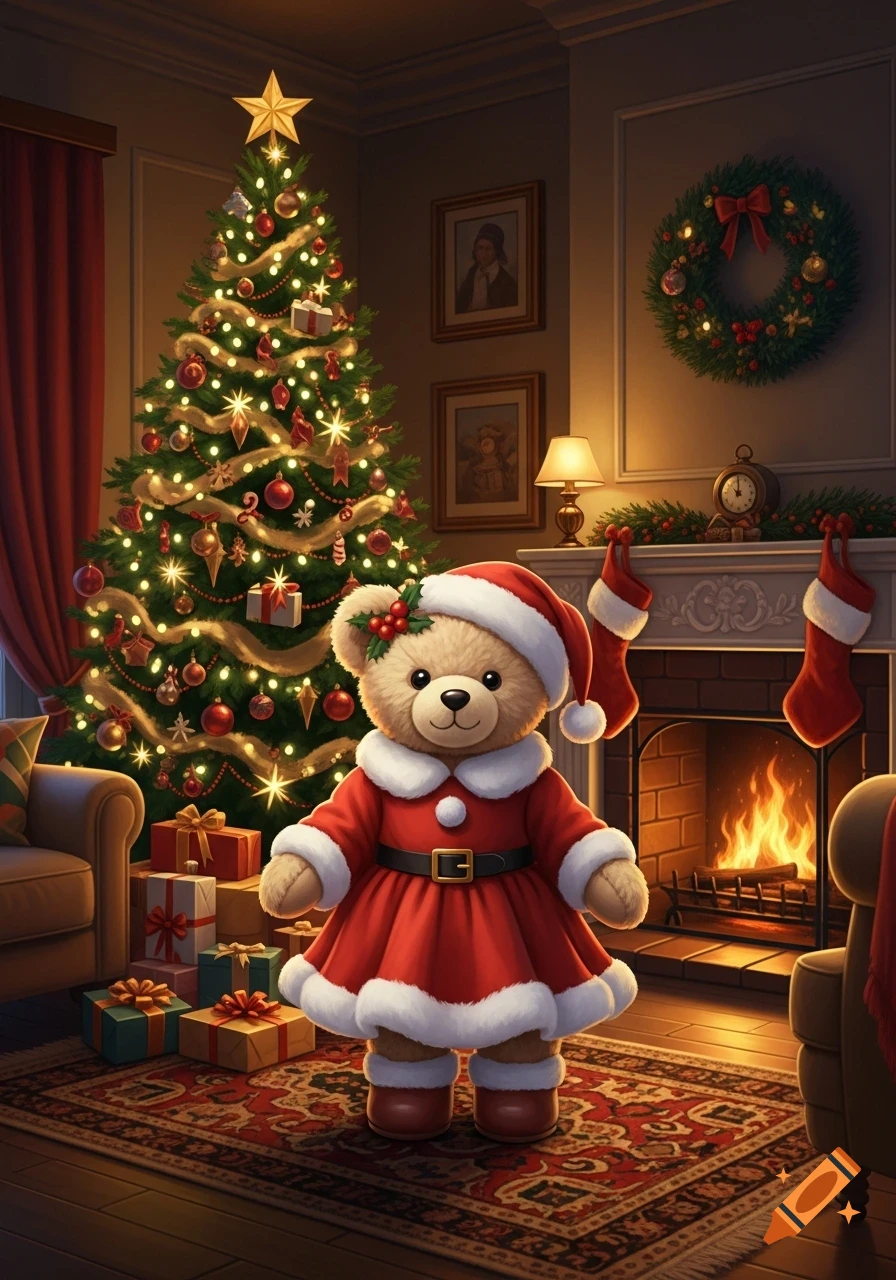 A cute anthropomorphic teddy bear in a red Santa dress stands in a festive living room with a decorated Christmas tree, gifts, and a lit fireplace.