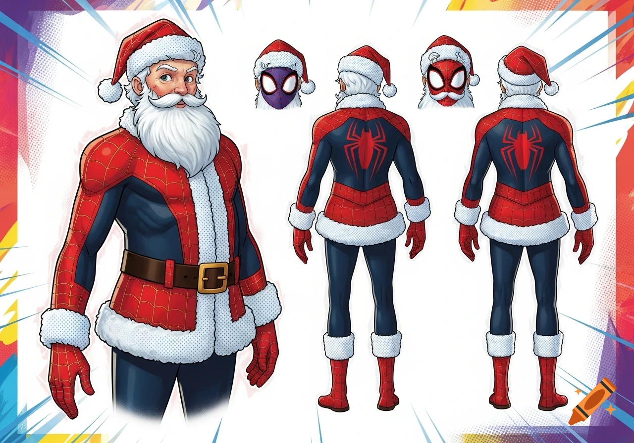 A comic book model sheet of Santa Claus in a red and blue Spider-Man suit, shown from front and back, with masked head variants.
