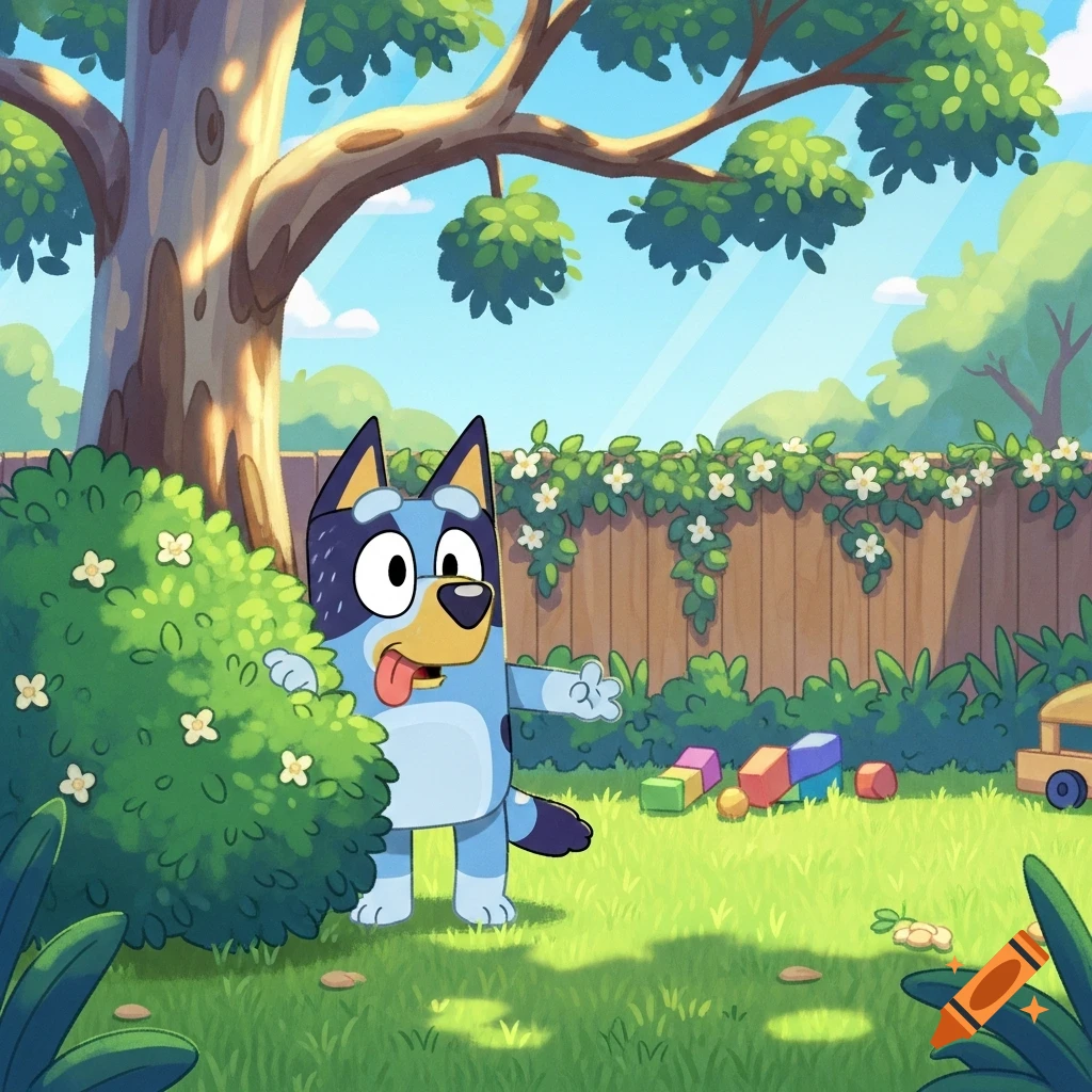 Bluey, a cartoon blue dog, peeks from behind a green bush in a sunny backyard, tongue out and one arm extended.