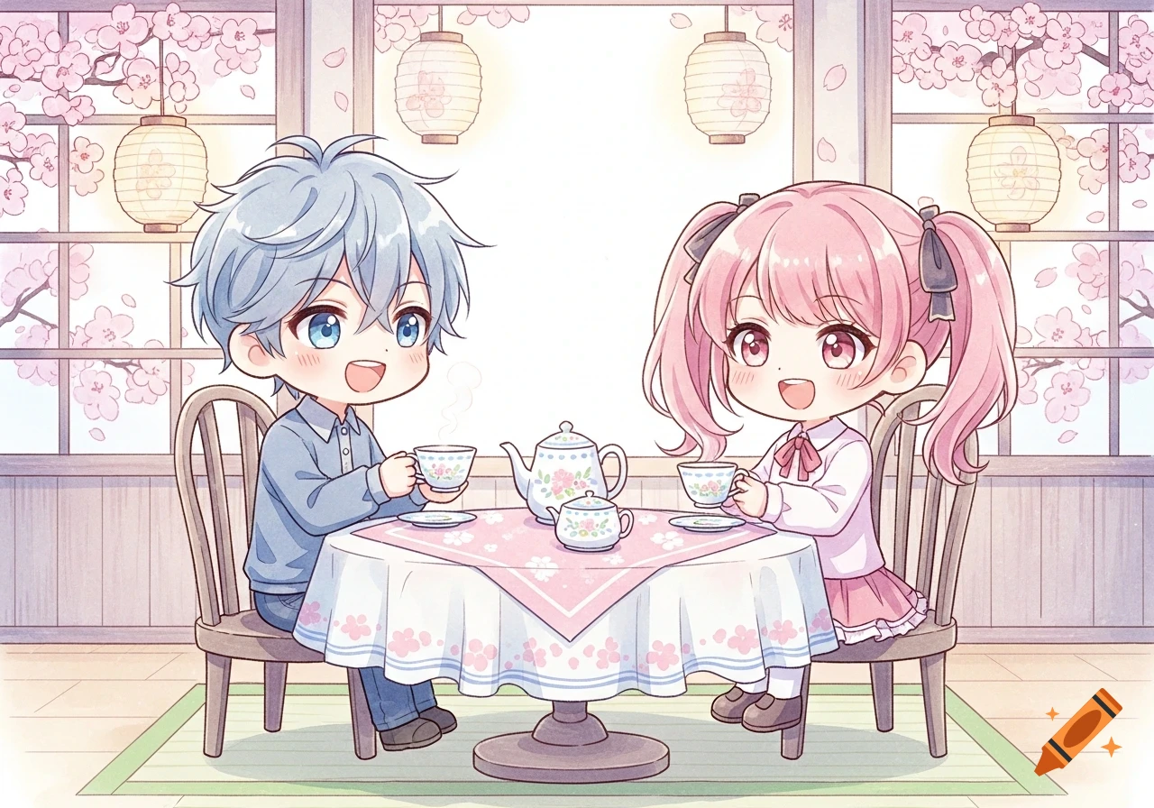 Watercolor anime of a chibi boy and girl drinking tea at a table in a cherry blossom-filled tea house.