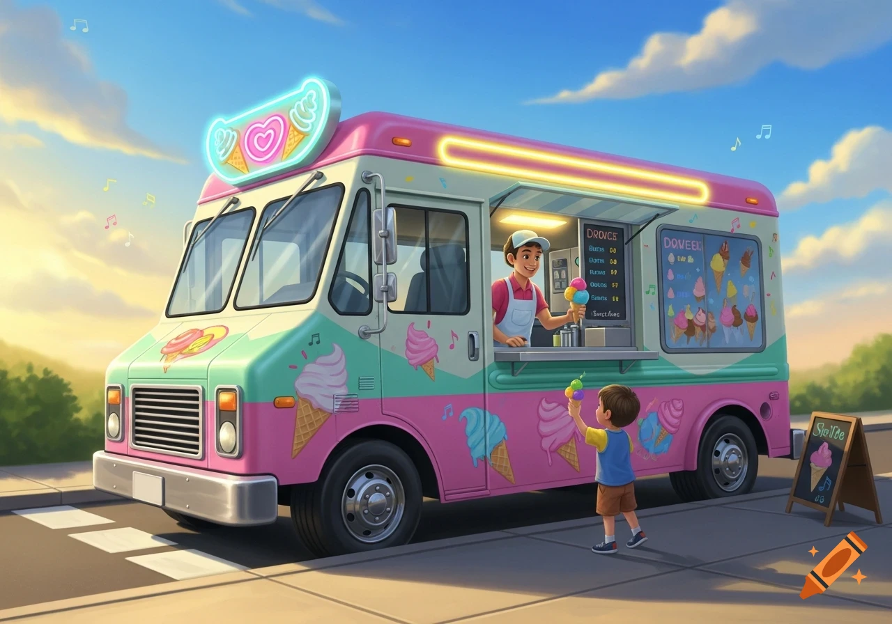 A cheerful cartoon ice cream truck, with a vendor serving a child a colorful ice cream cone, under a bright sky.