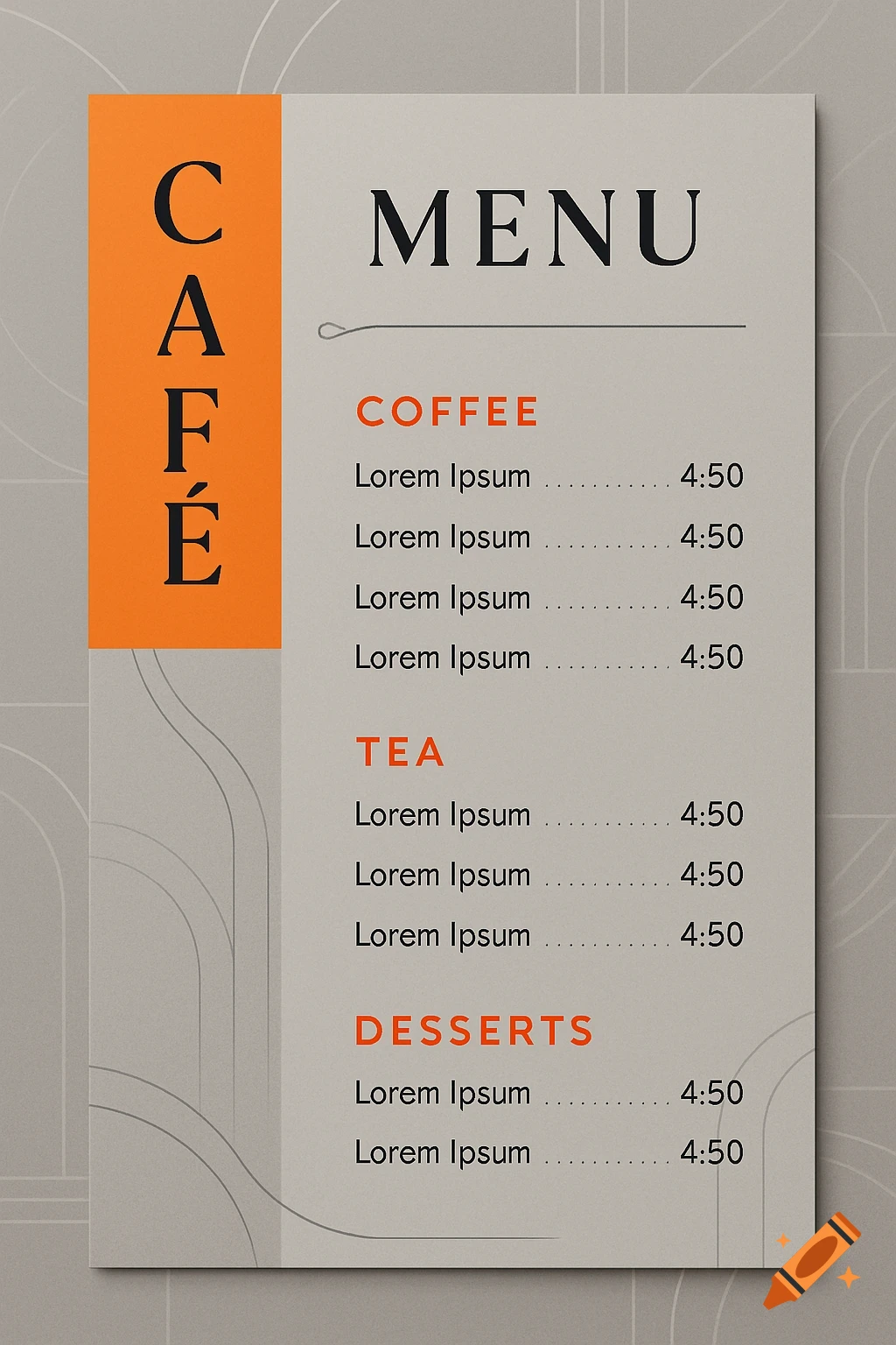 A modern grey and orange cafe menu with 'CAFE MENU' text, listing coffee, tea, and desserts with prices.