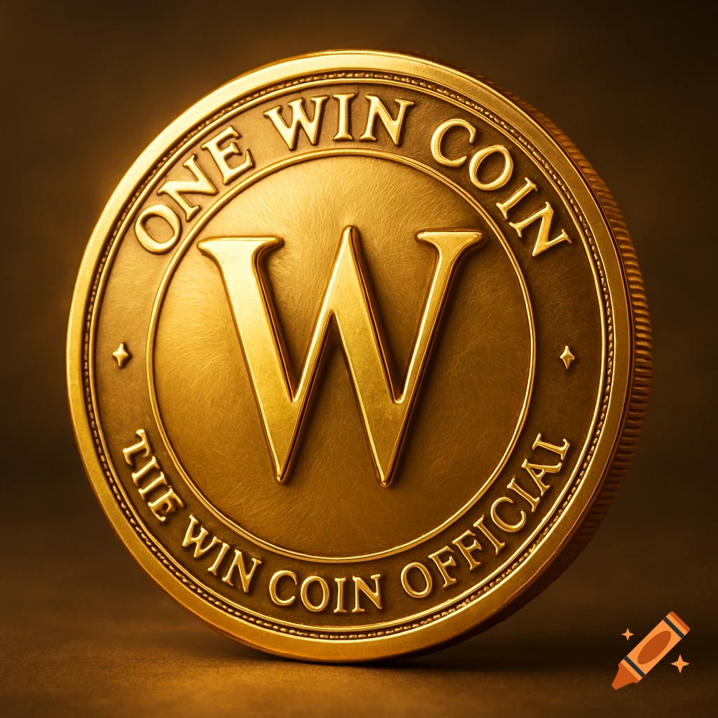 A shiny gold coin with a large 'W' in the center and the text 'ONE WIN COIN' and 'THE WIN COIN OFFICIAL' embossed around the edge.