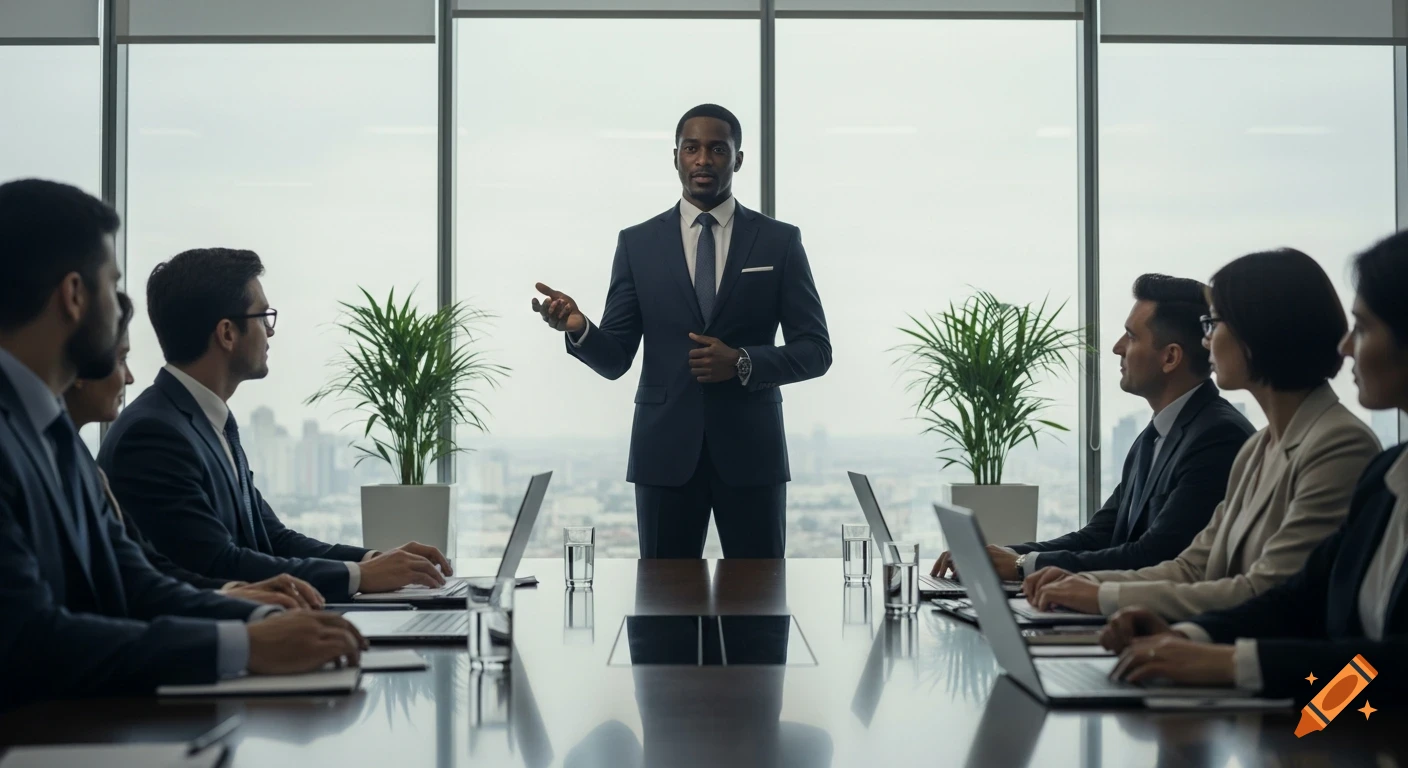 A confident male business leader speaks to a group of attentive clients in a modern office meeting room with a city view.