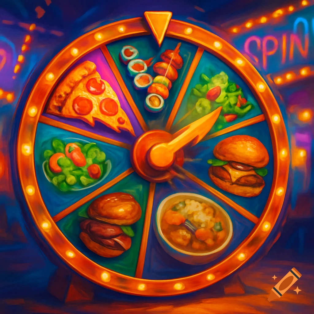 A vibrant, painterly spinning wheel with sections of pizza, sushi, kebab, salad, burgers, and a bowl dish, in a neon-lit setting.