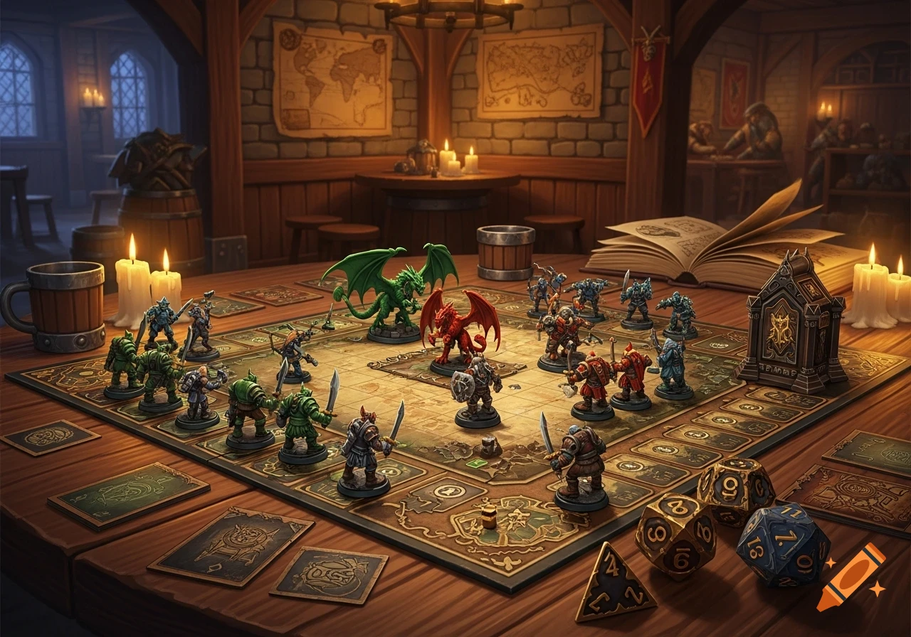 A fantasy board game set up on a wooden table in a dimly lit tavern, featuring miniature figures, dice, cards, and maps.