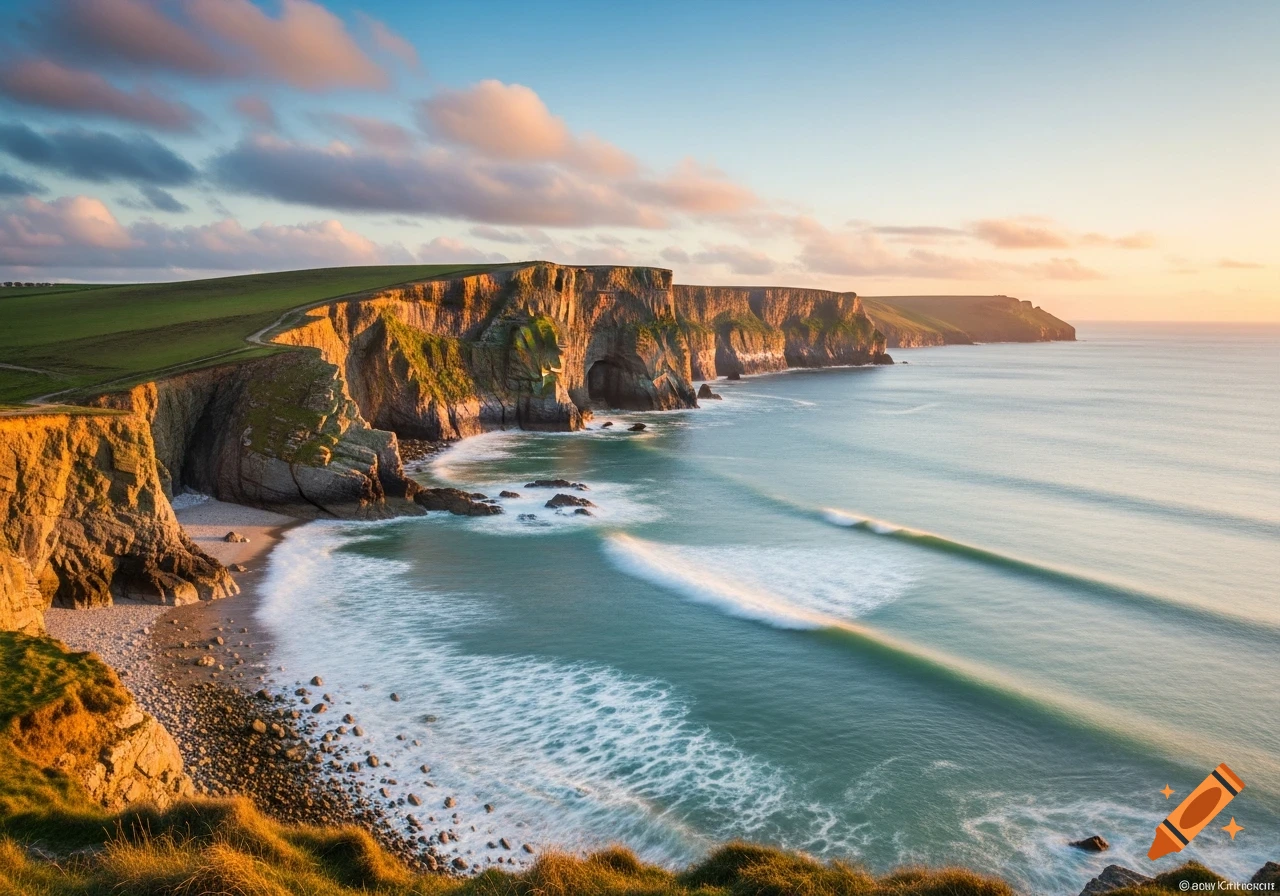 Golden hour sunlight illuminates green cliffs overlooking a blue ocean with white waves rolling onto a rocky beach.